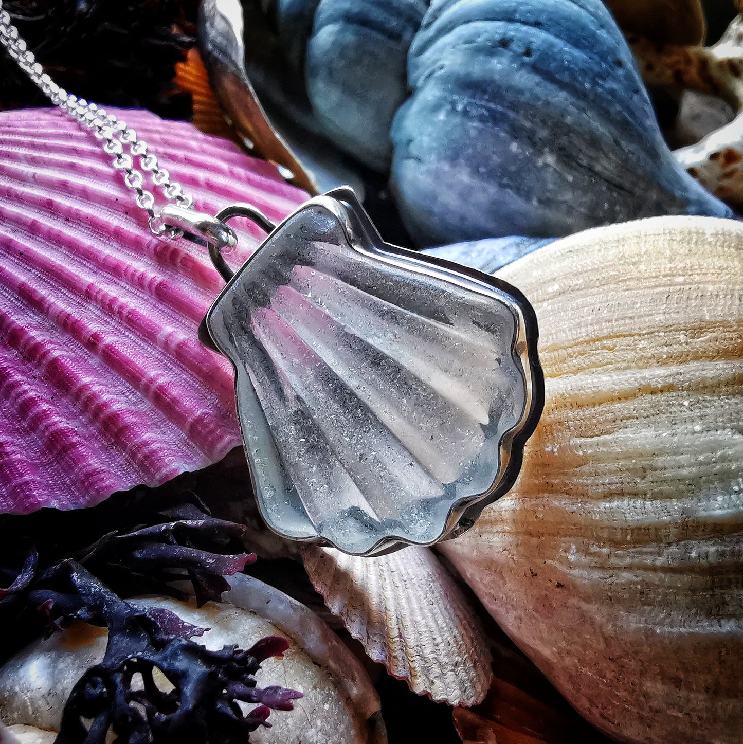 Scottish sea glass shell & sterling silver pendant.