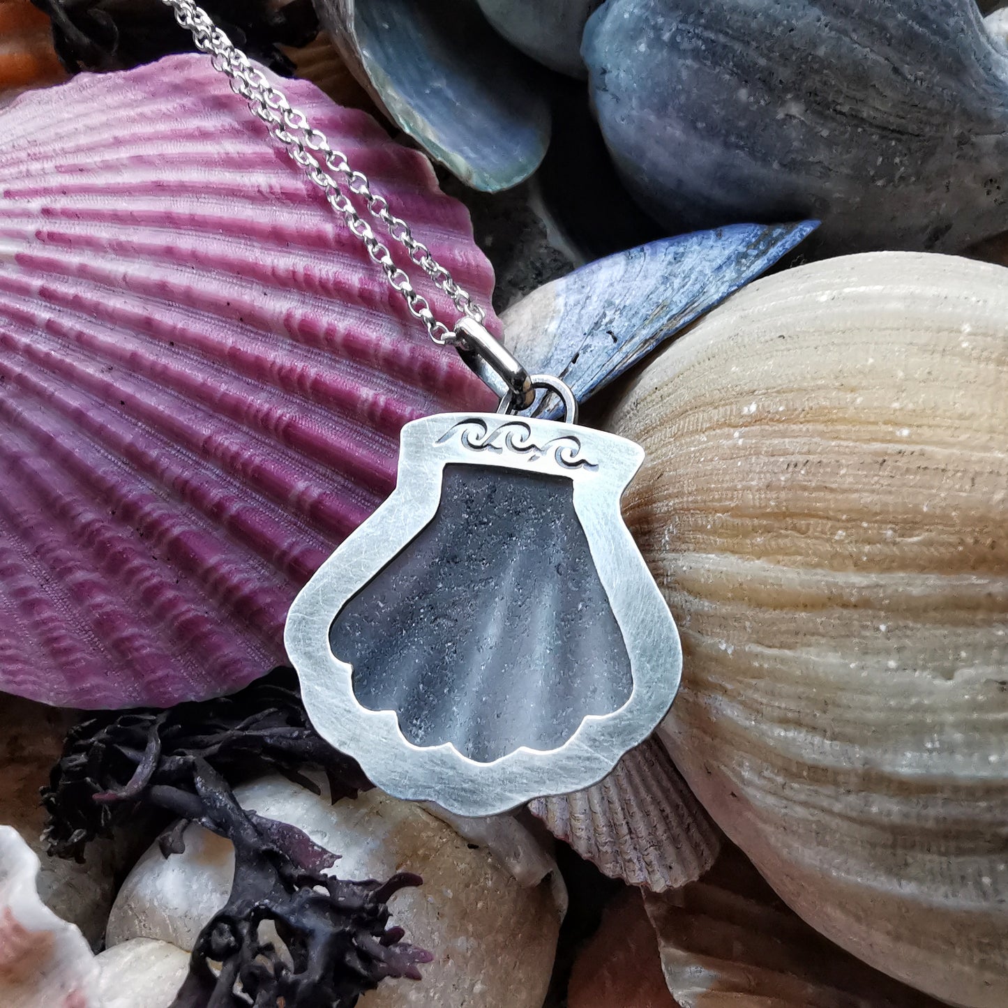 Scottish sea glass shell & sterling silver pendant.