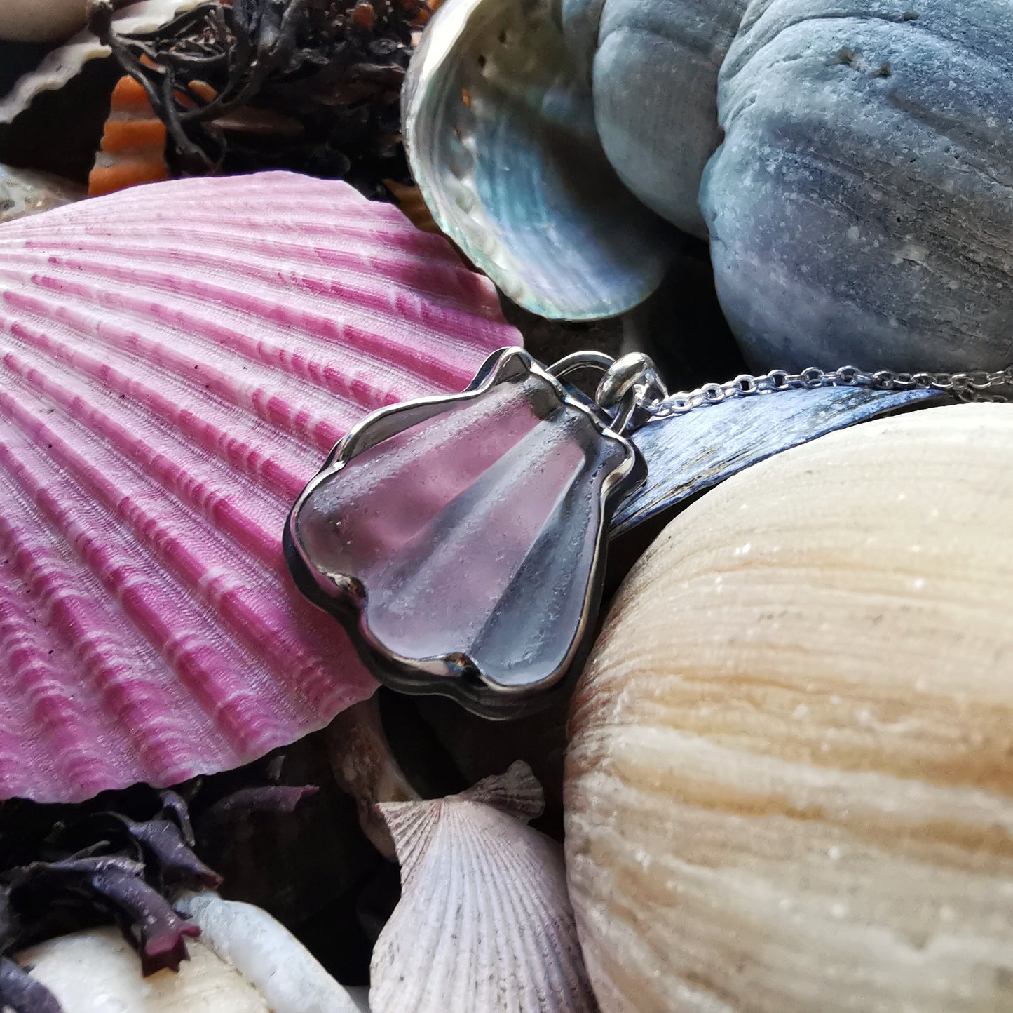 Genuine Scottish sea glass shell & sterling silver pendant.