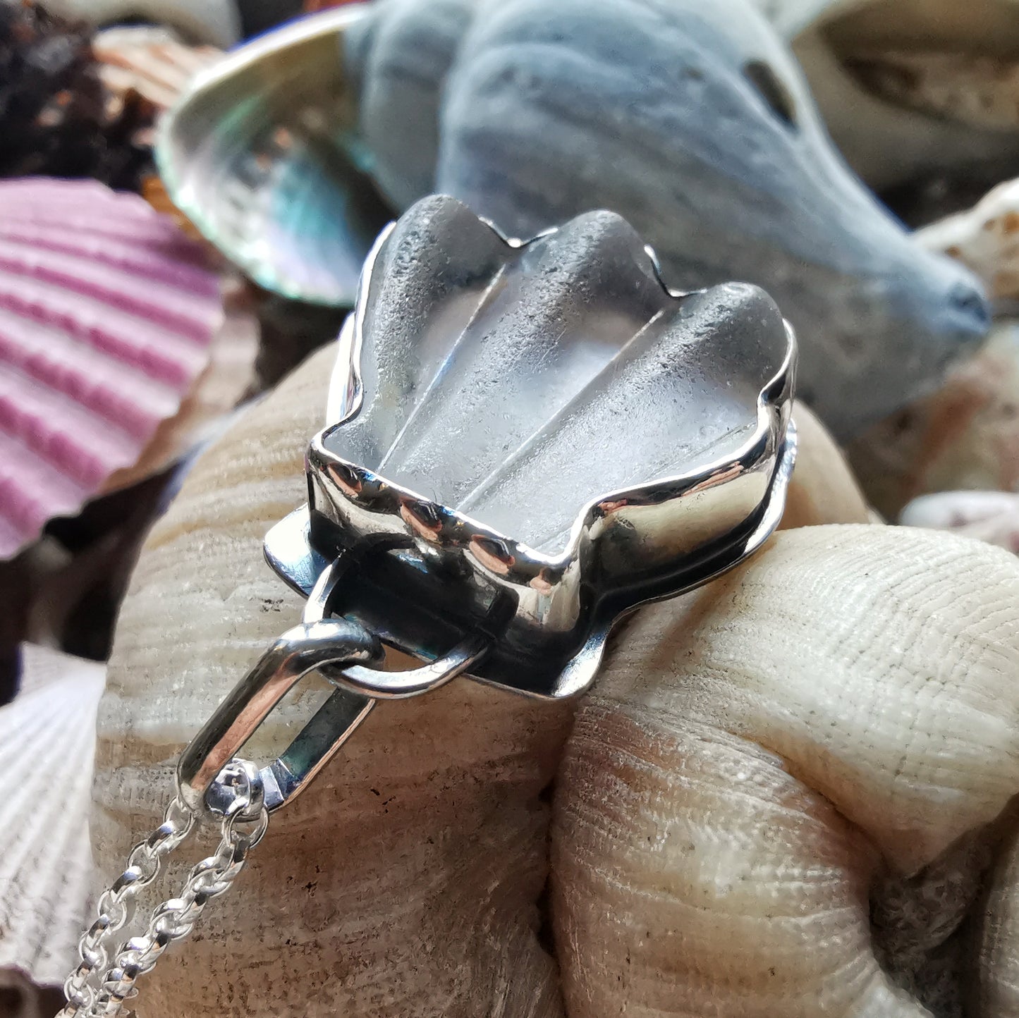 Genuine Scottish sea glass shell & sterling silver pendant.