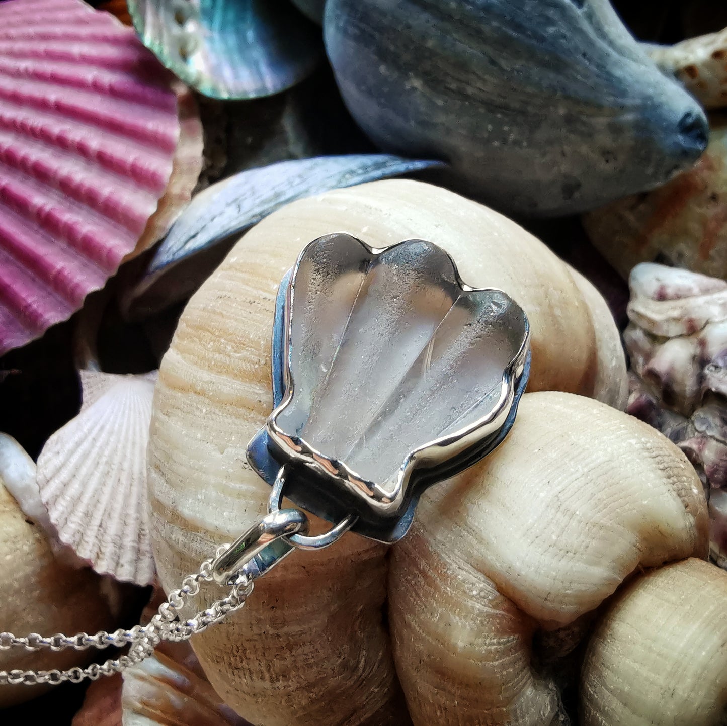 Genuine Scottish sea glass shell & sterling silver pendant.