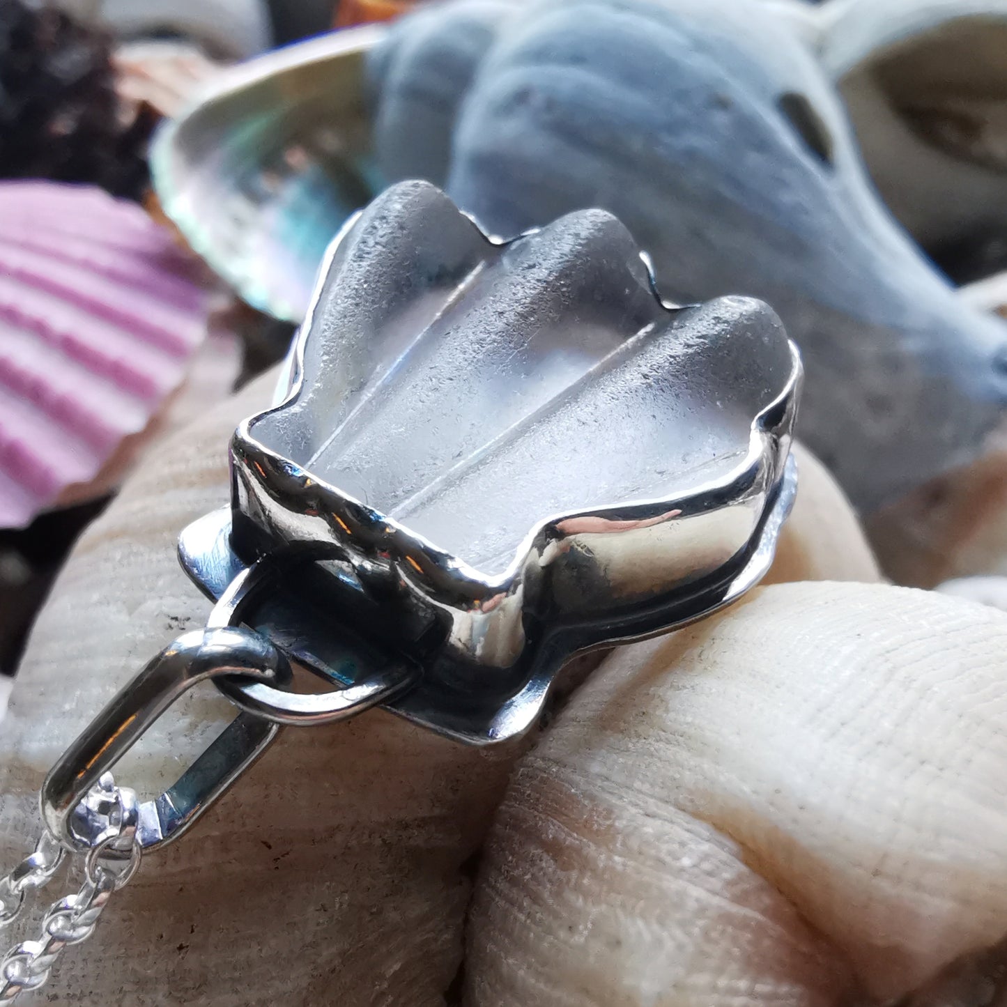 Genuine Scottish sea glass shell & sterling silver pendant.