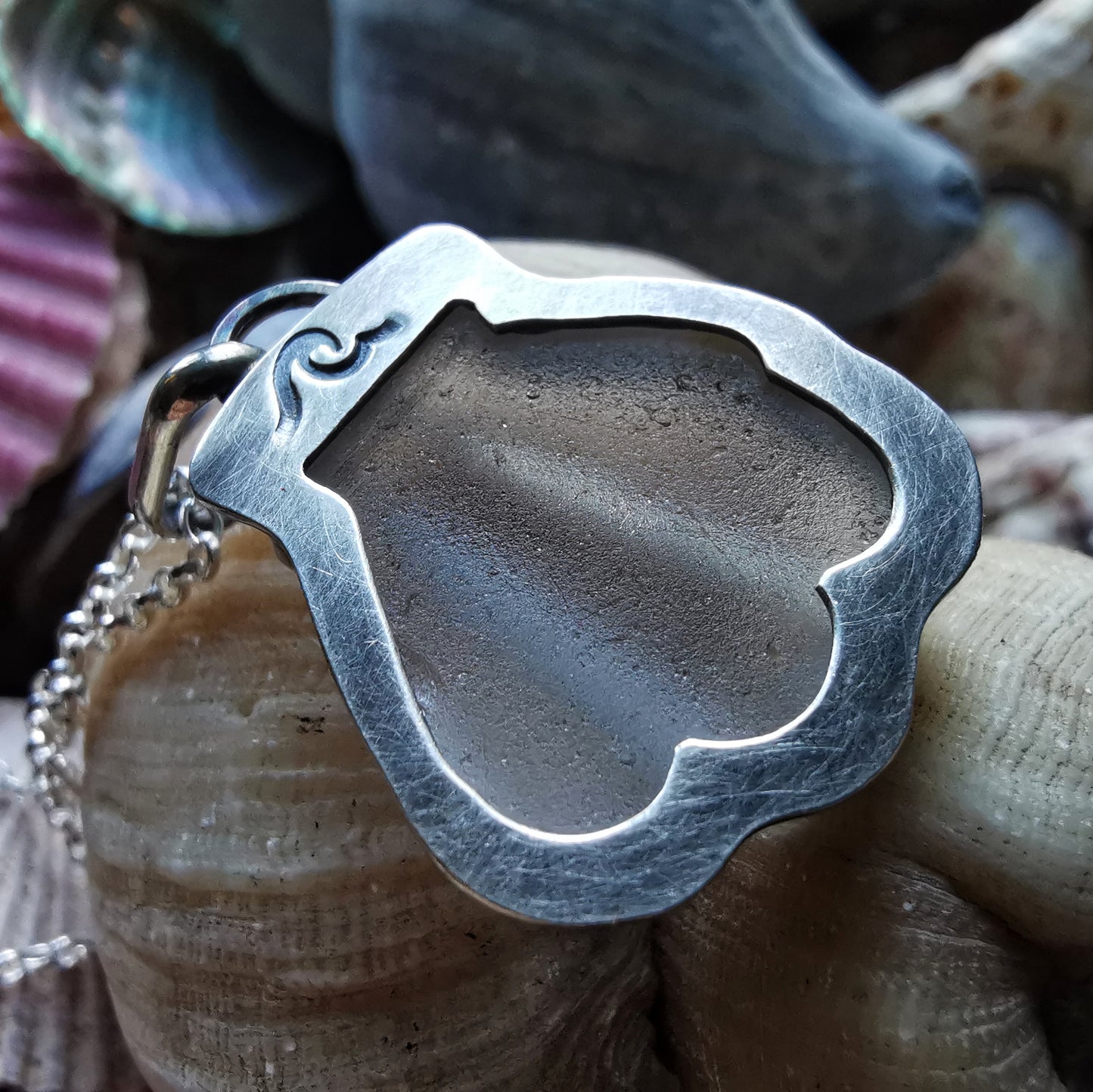 Genuine Scottish sea glass shell & sterling silver pendant.