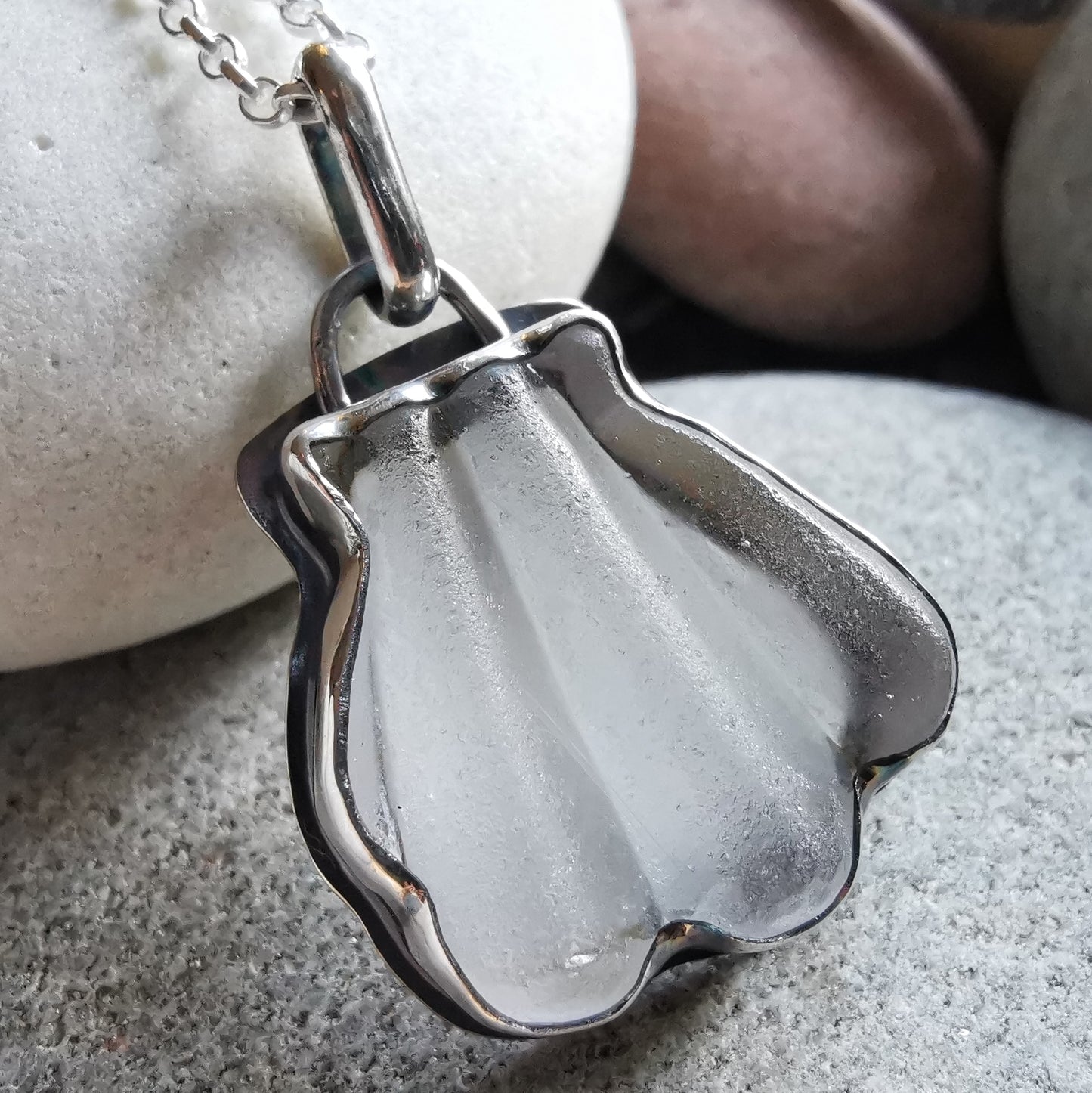Genuine Scottish sea glass shell & sterling silver pendant.
