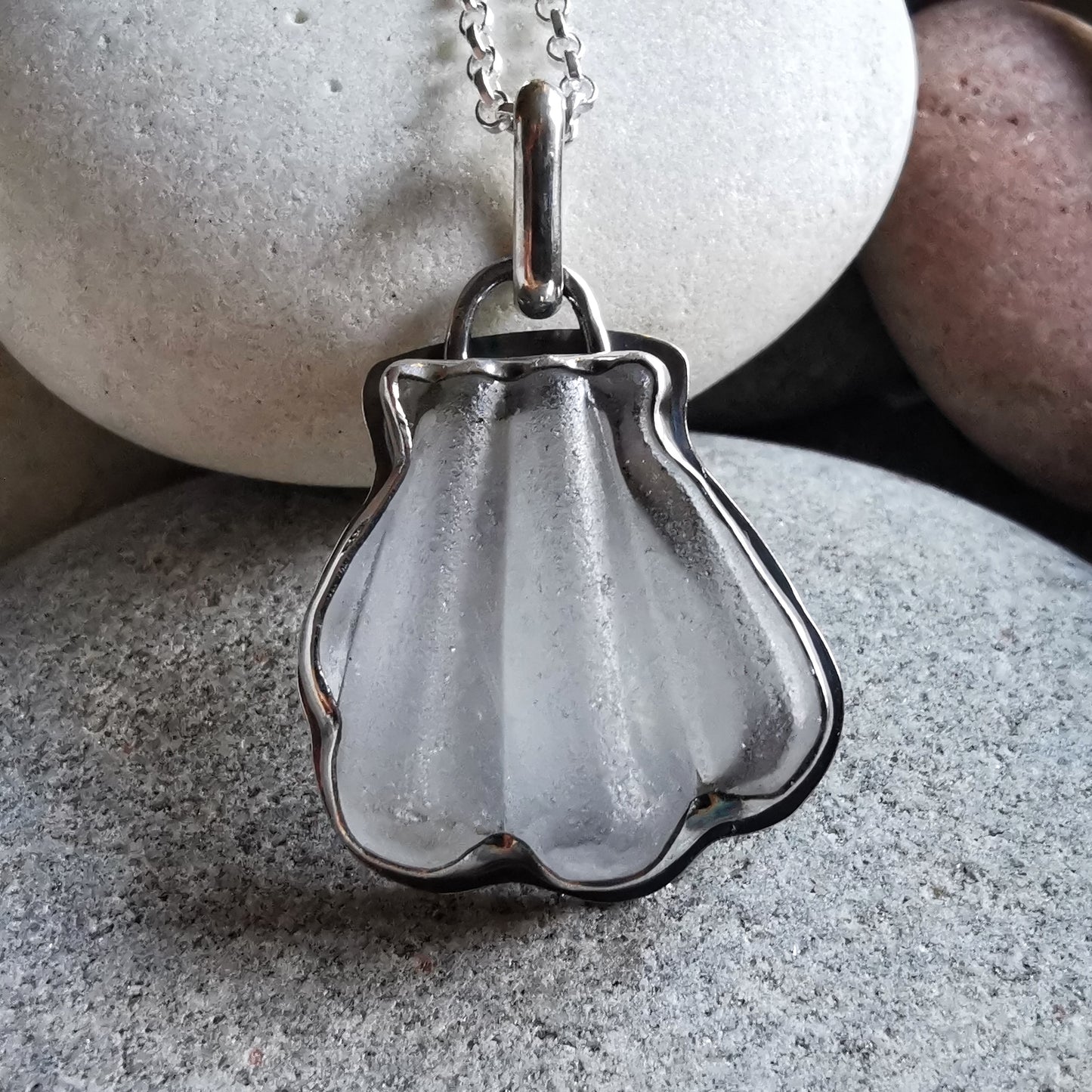 Genuine Scottish sea glass shell & sterling silver pendant.