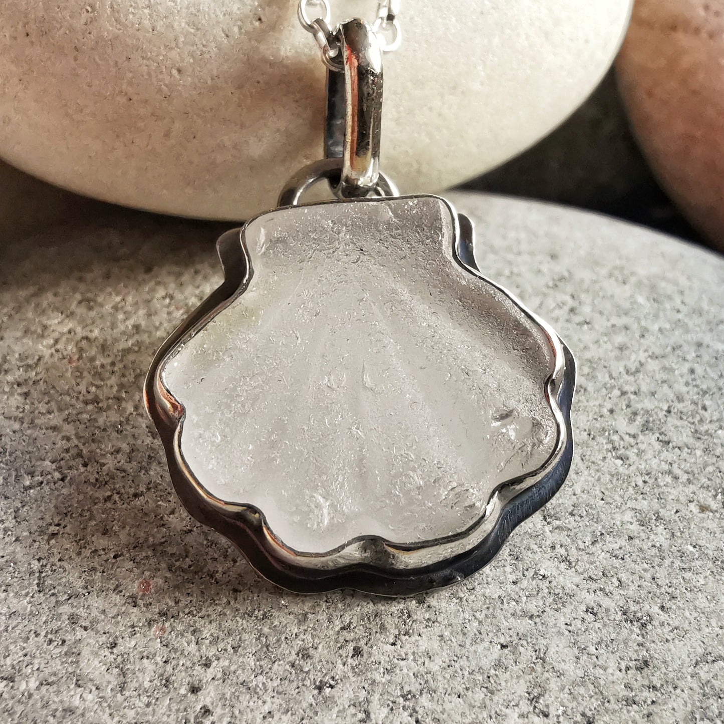 Scottish clear sea glass shell & sterling silver pendant.