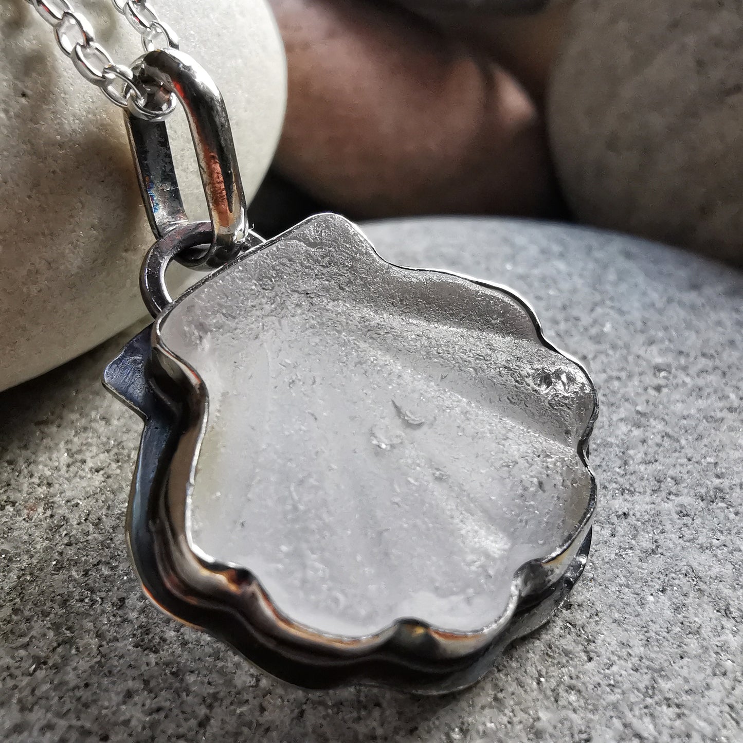Scottish clear sea glass shell & sterling silver pendant.