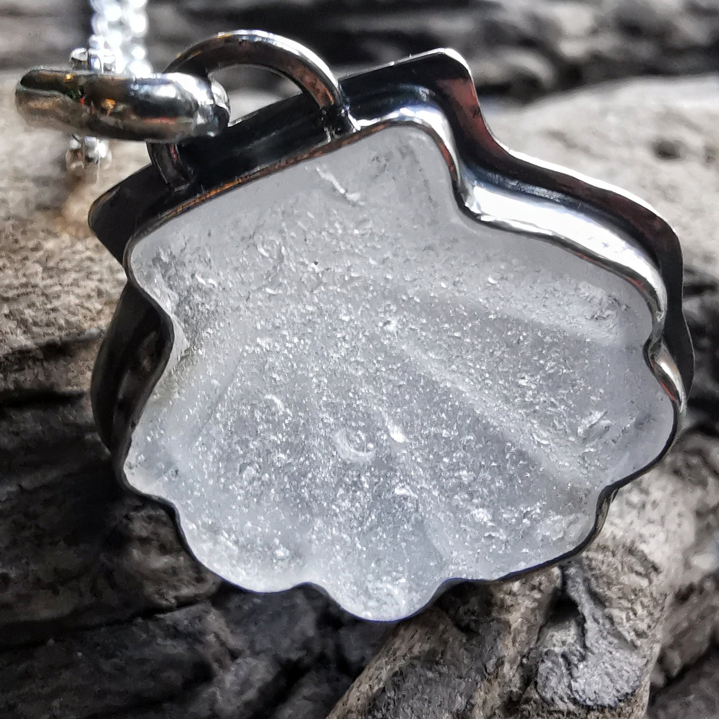 Scottish clear sea glass shell & sterling silver pendant.
