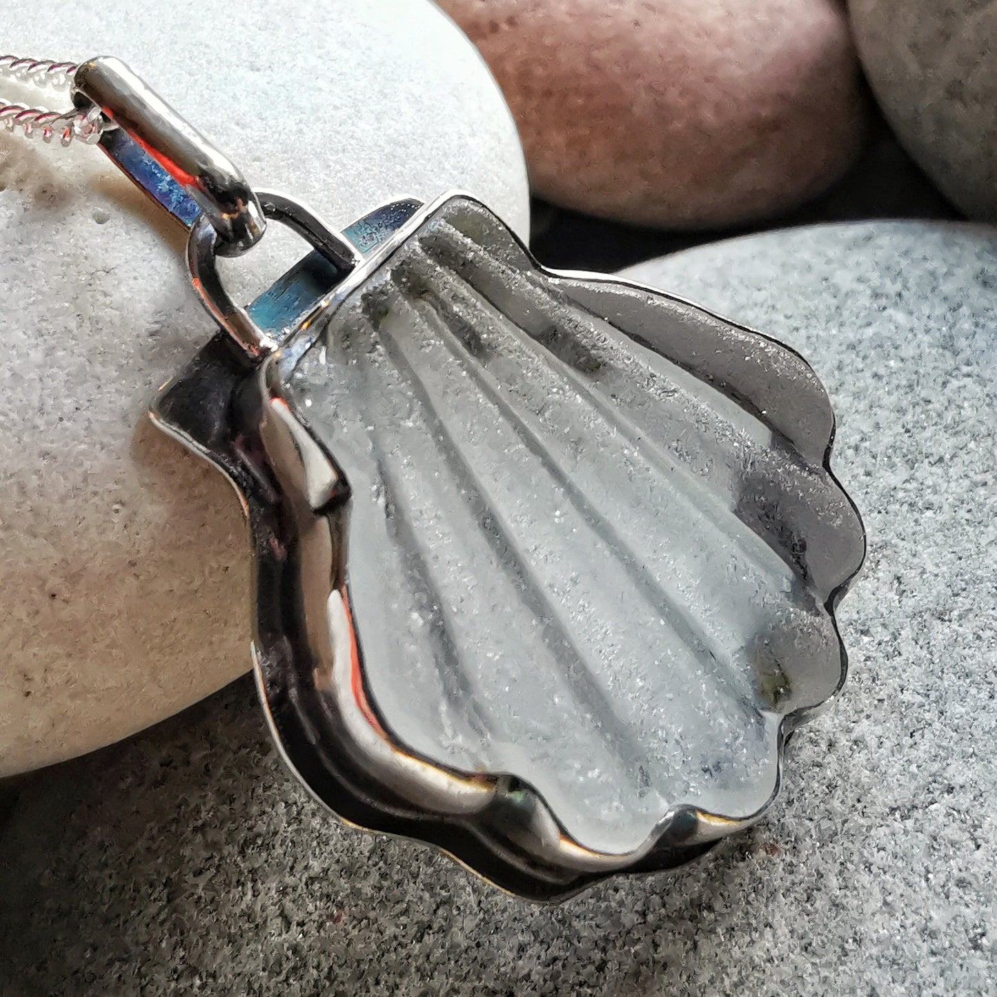 Scottish clear sea glass shell & sterling silver pendant.