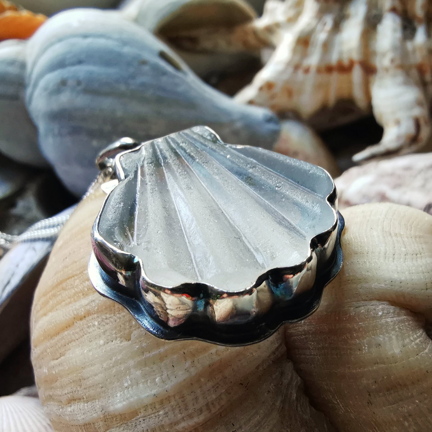 Scottish clear sea glass shell & sterling silver pendant.