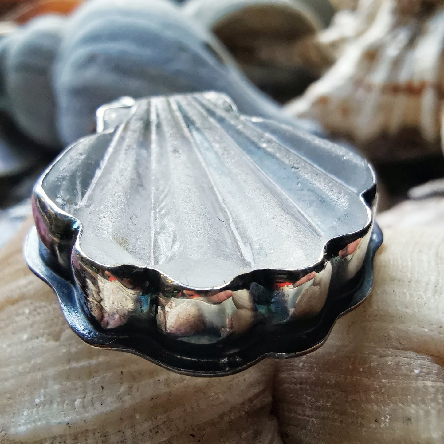 Scottish clear sea glass shell & sterling silver pendant.