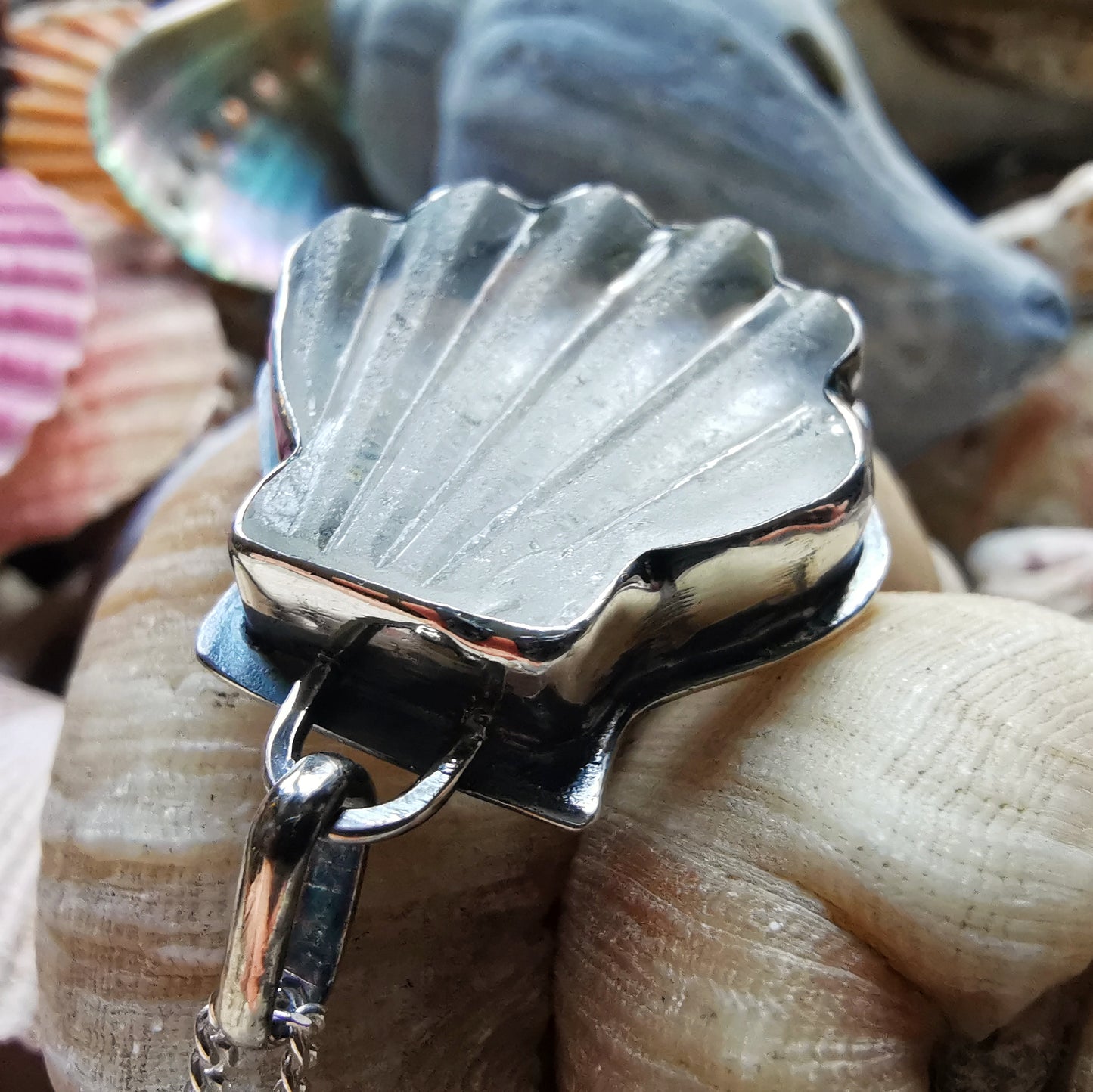 Scottish clear sea glass shell & sterling silver pendant.