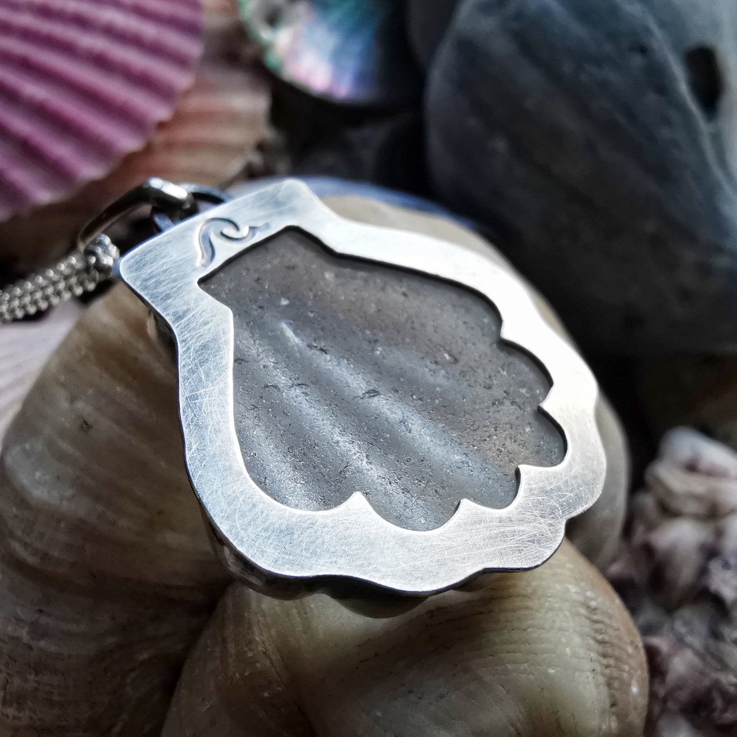 Scottish clear sea glass shell & sterling silver pendant.