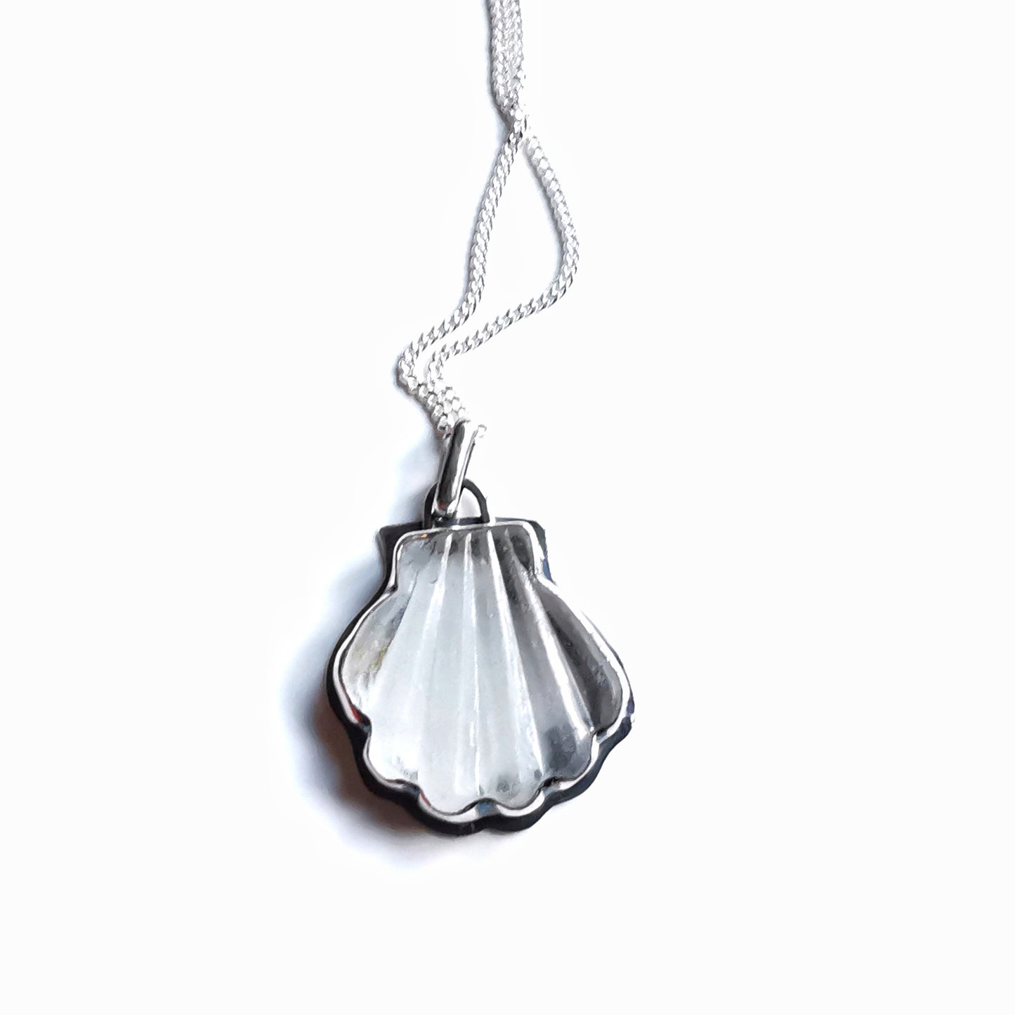 Scottish clear sea glass shell & sterling silver pendant.