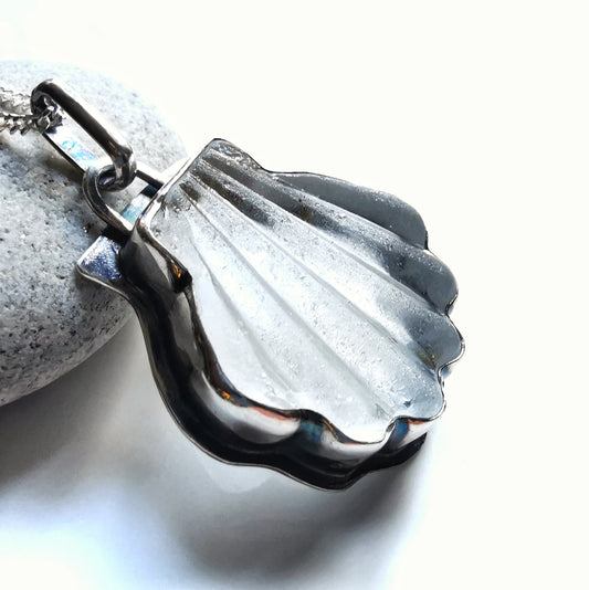 Scottish clear sea glass shell & sterling silver pendant.