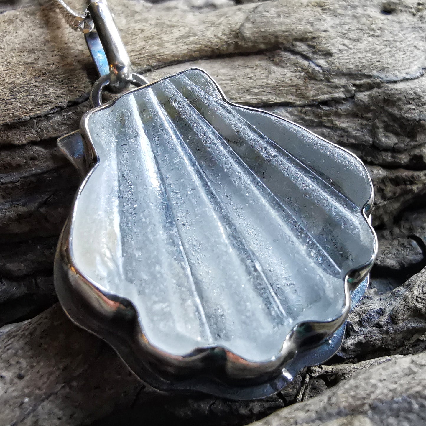 Scottish clear sea glass shell & sterling silver pendant.