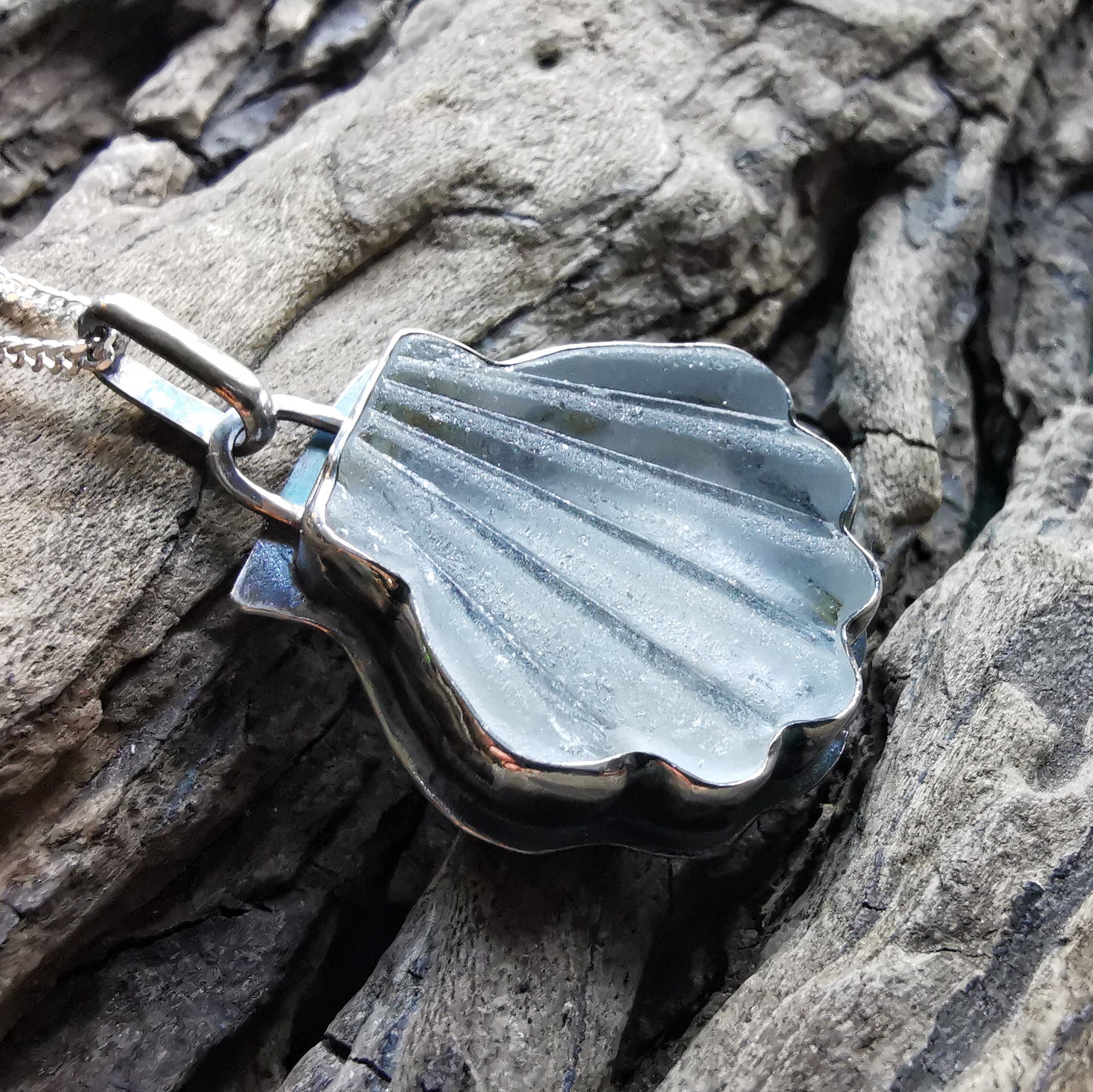 Scottish clear sea glass shell & sterling silver pendant.