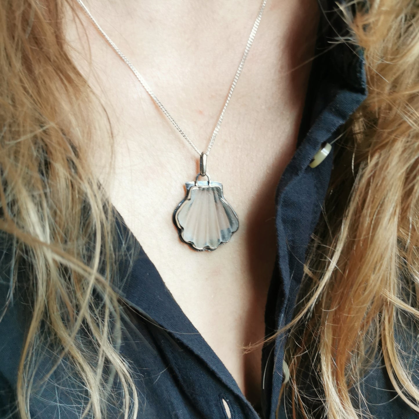 Scottish clear sea glass shell & sterling silver pendant.