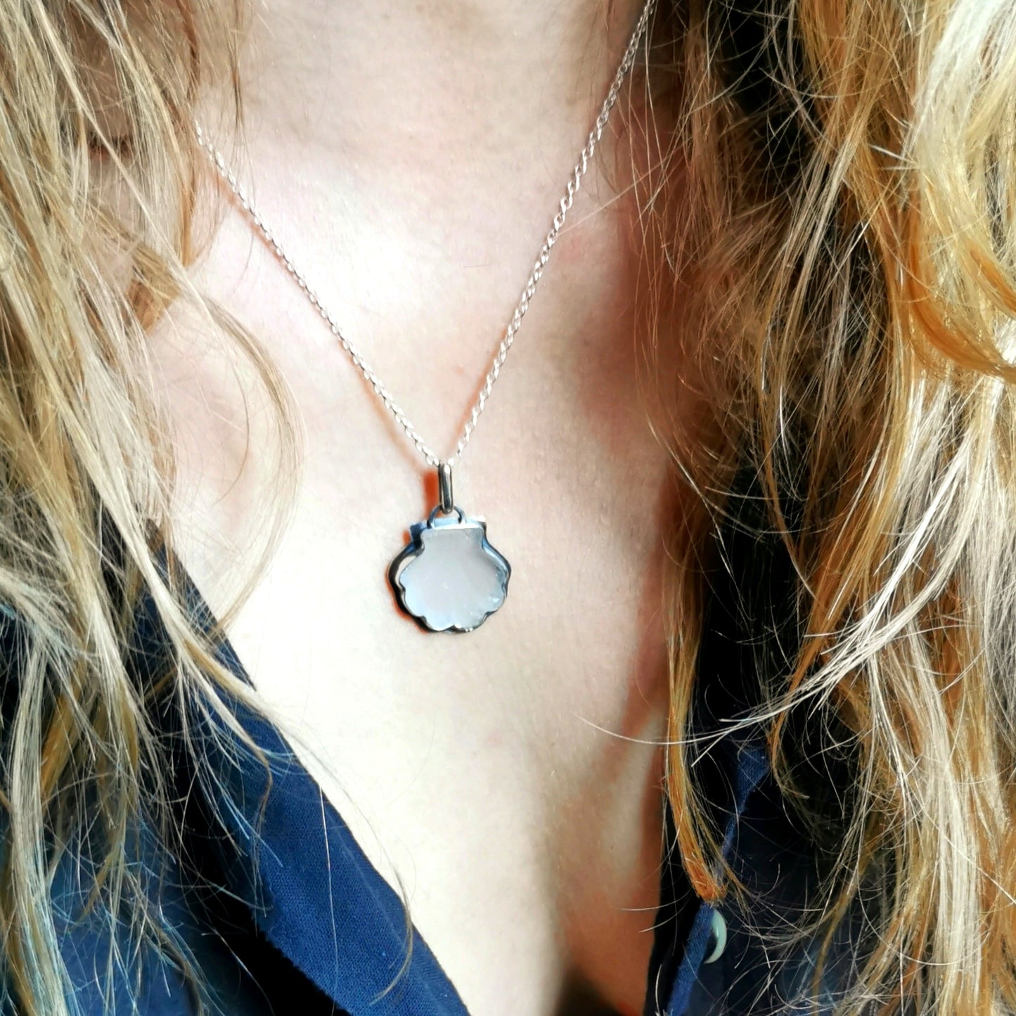 Scottish clear sea glass shell & sterling silver pendant.