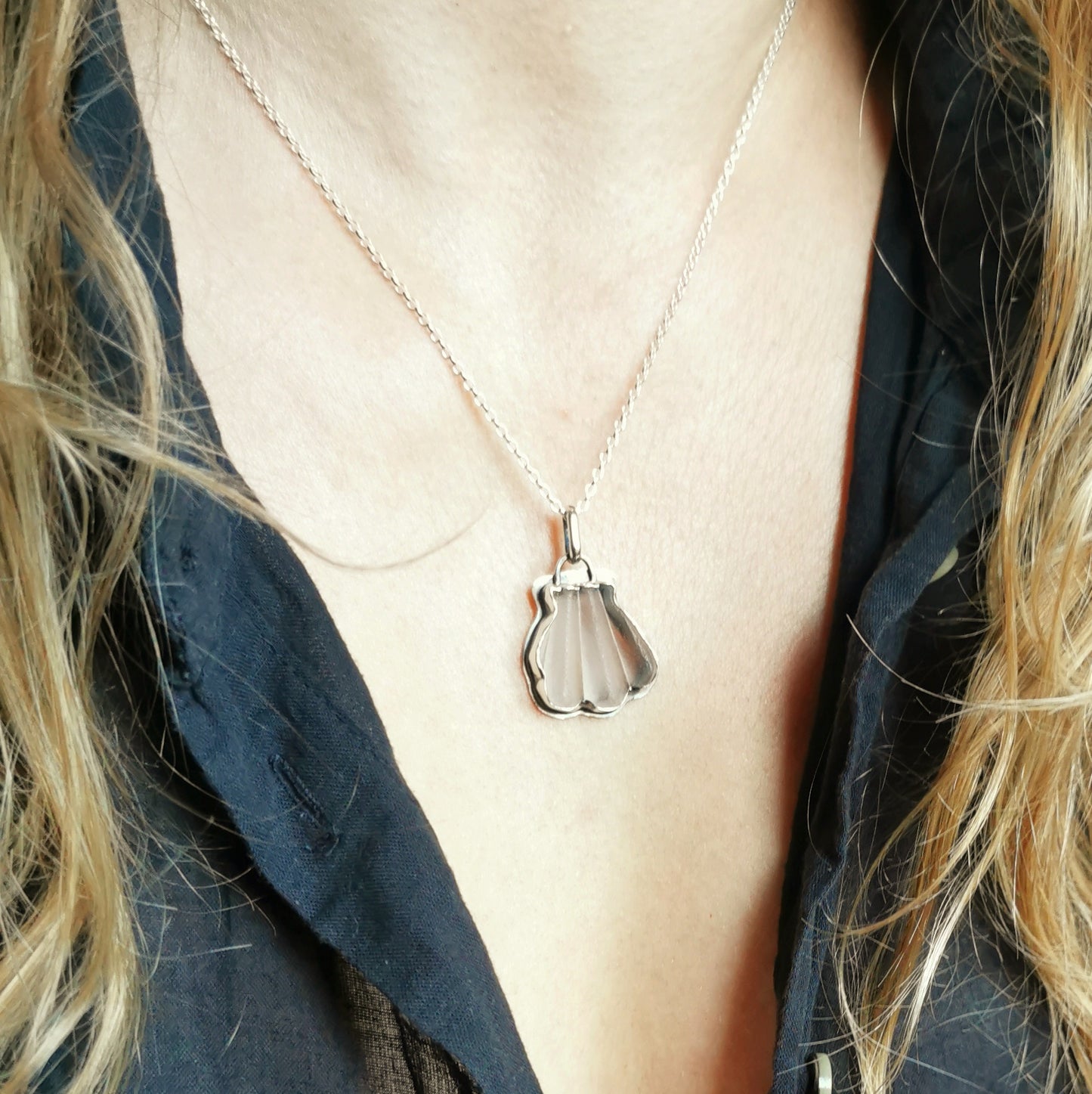 Genuine Scottish sea glass shell & sterling silver pendant.