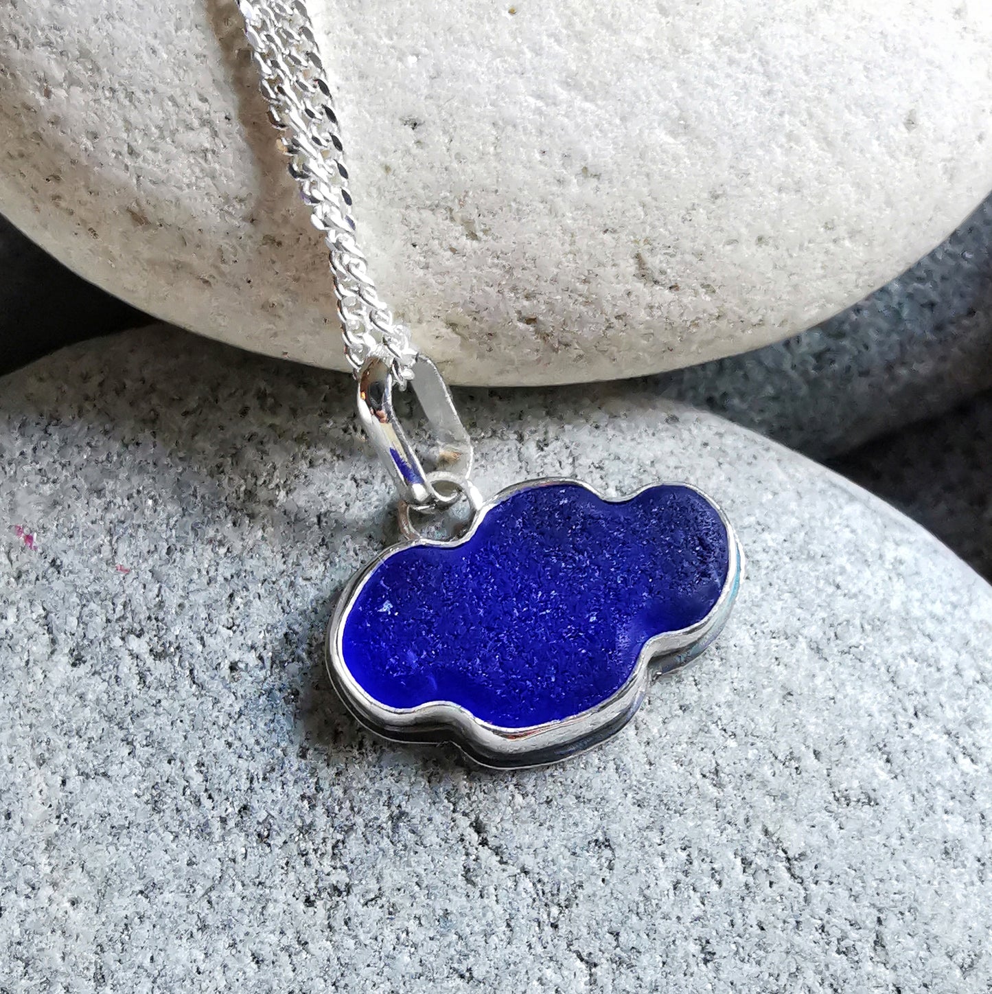 Scottish blue sea glass cloud & sterling silver pendant.