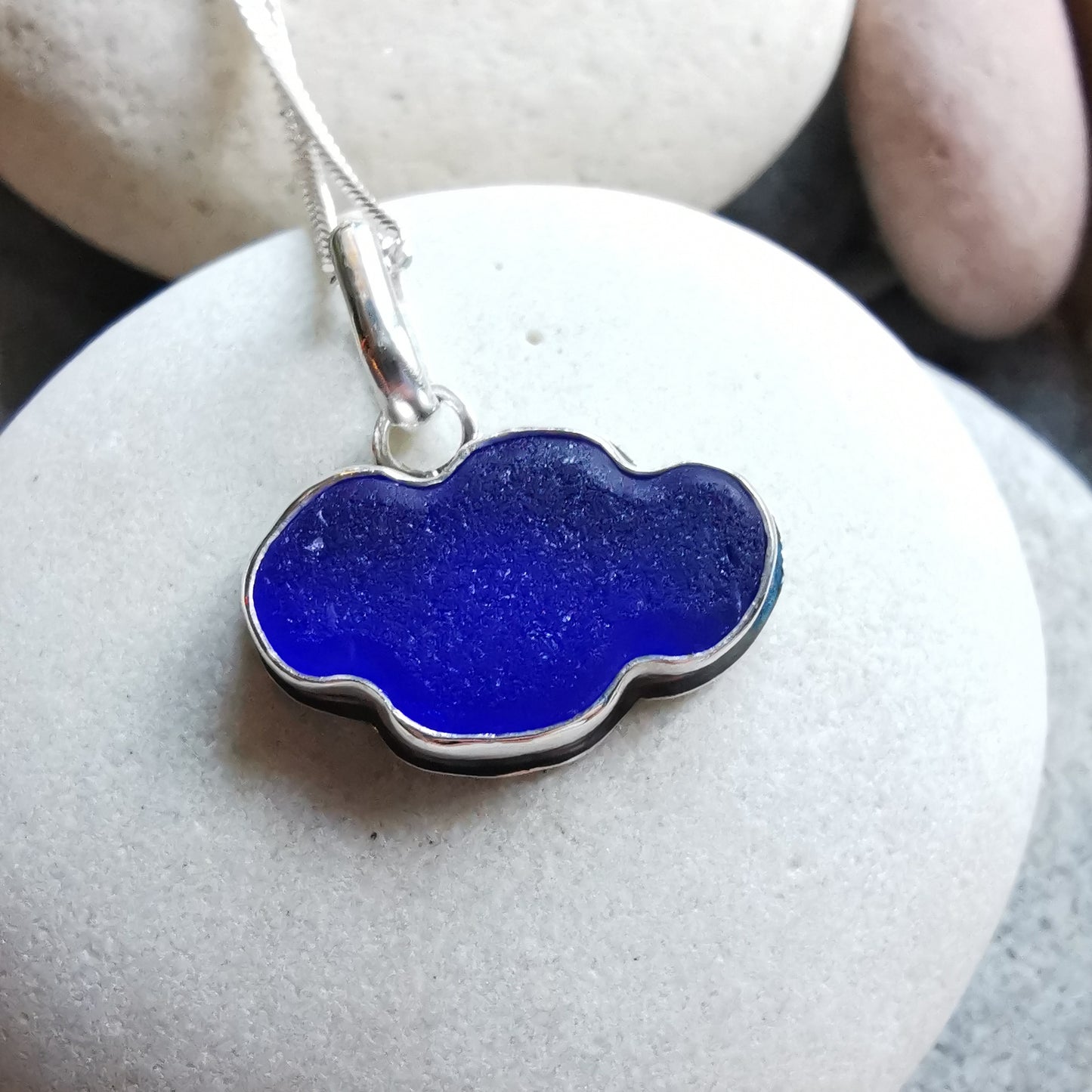 Scottish blue sea glass cloud & sterling silver pendant.