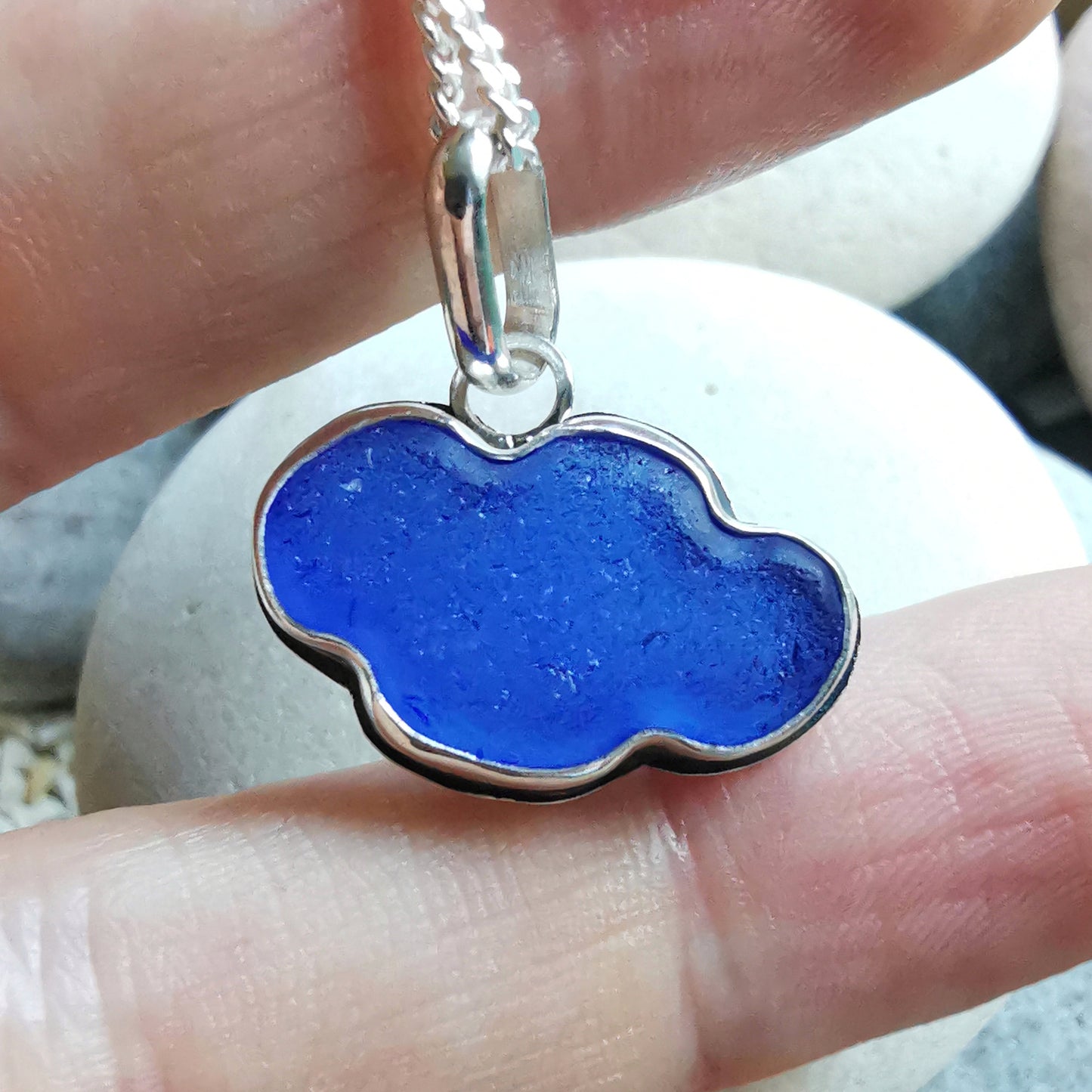 Scottish blue sea glass cloud & sterling silver pendant.