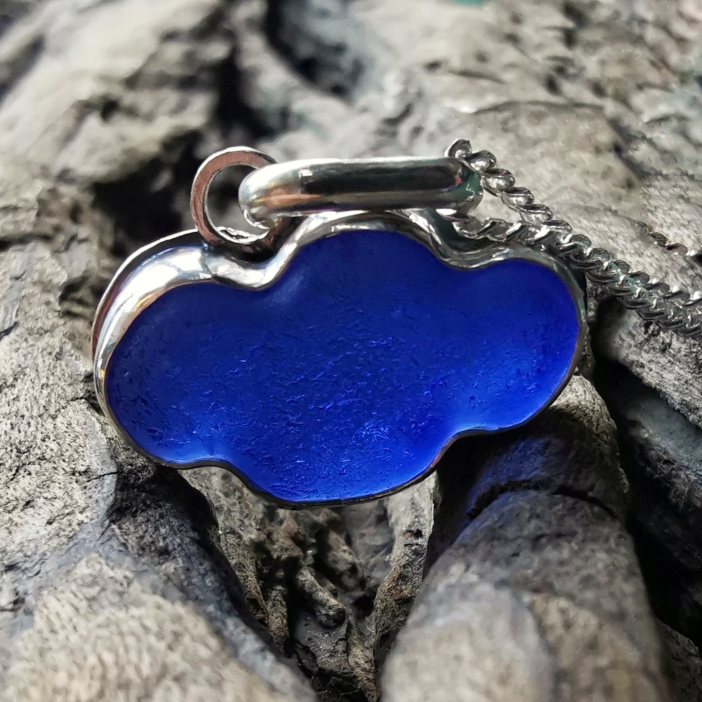Scottish blue sea glass cloud & sterling silver pendant.
