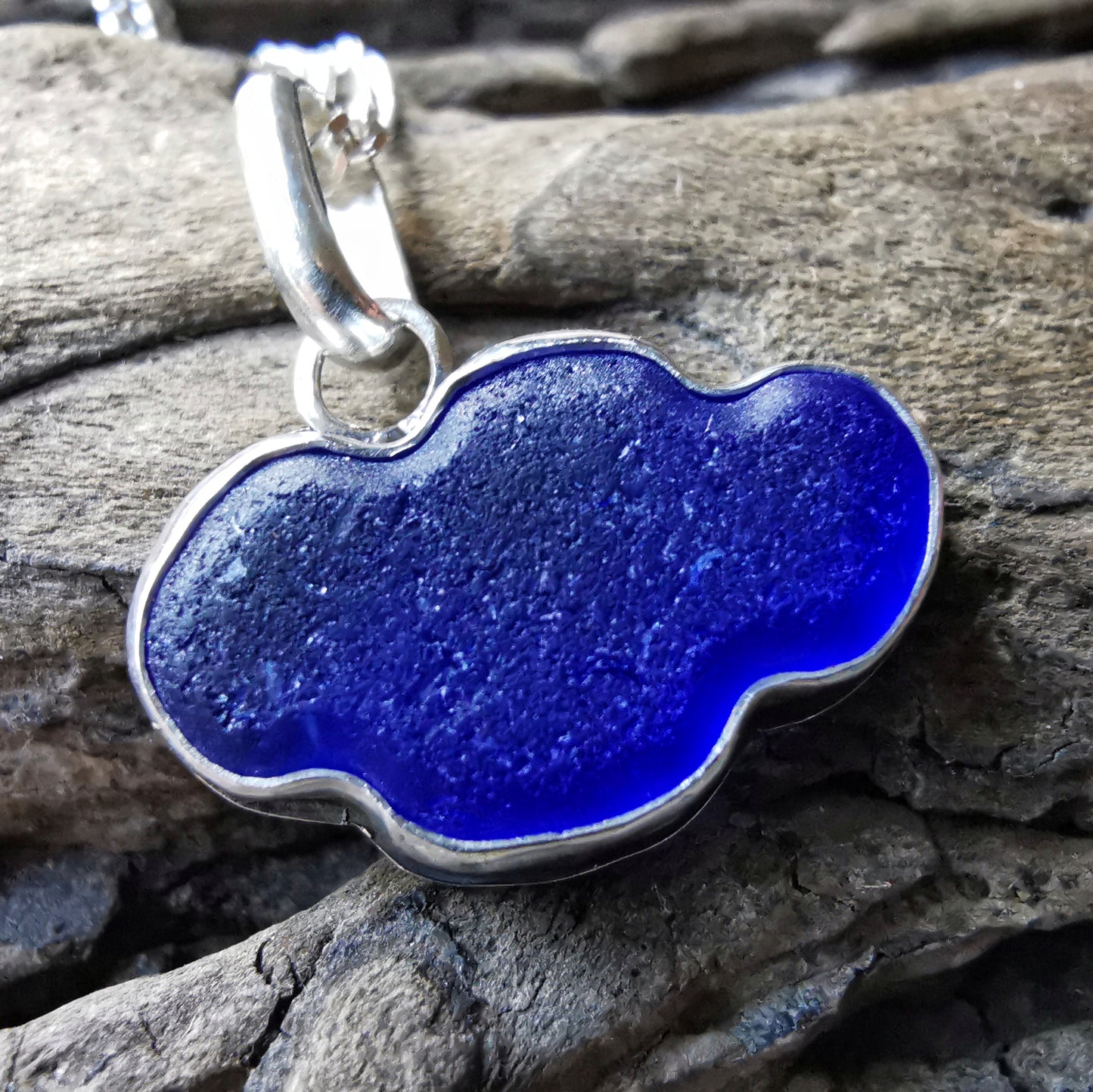 Scottish blue sea glass cloud & sterling silver pendant.
