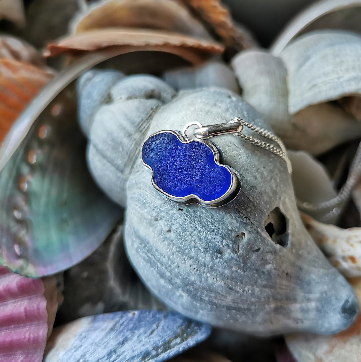Scottish blue sea glass cloud & sterling silver pendant.