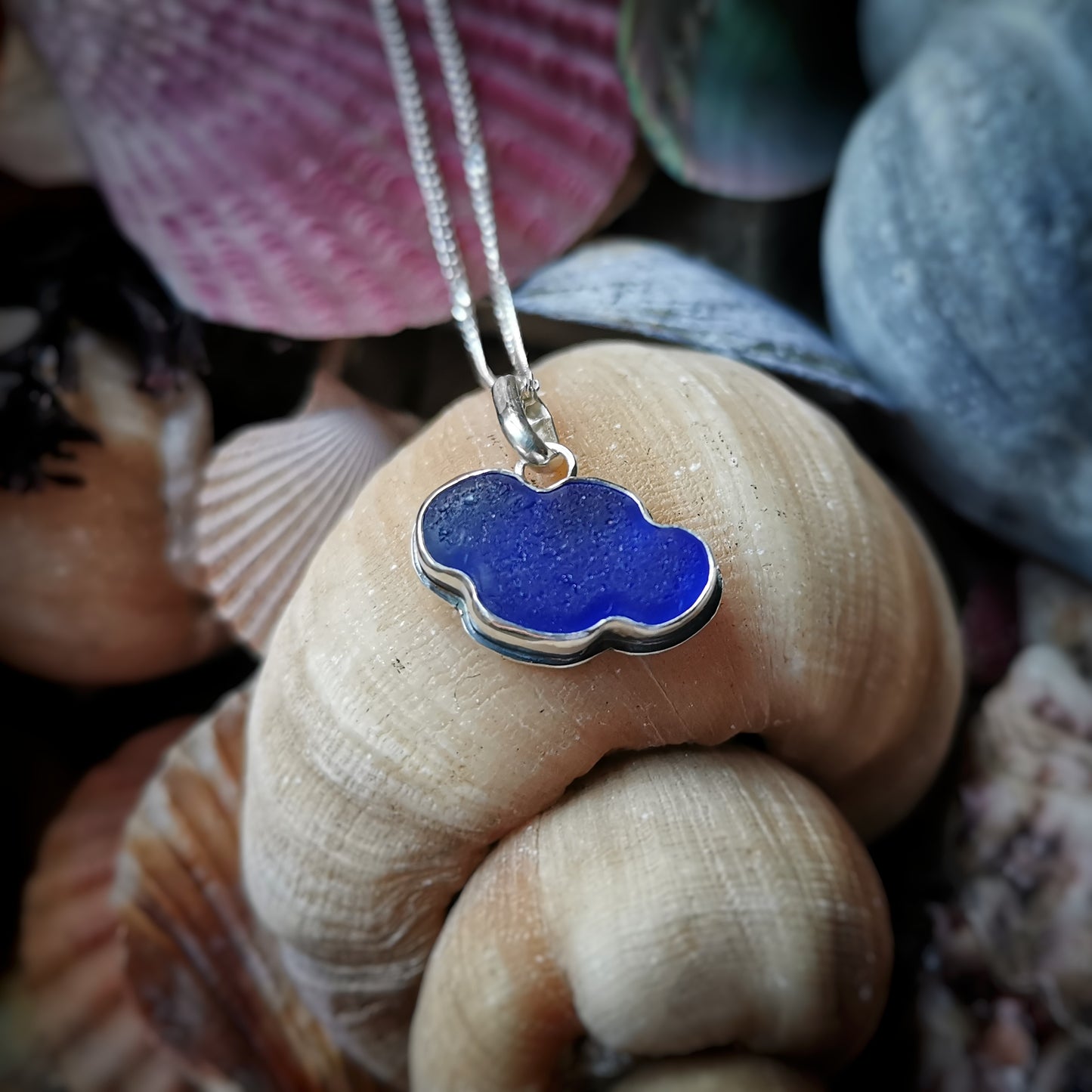Scottish blue sea glass cloud & sterling silver pendant.
