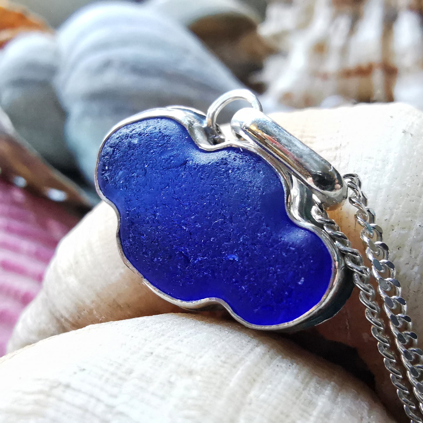 Scottish blue sea glass cloud & sterling silver pendant.