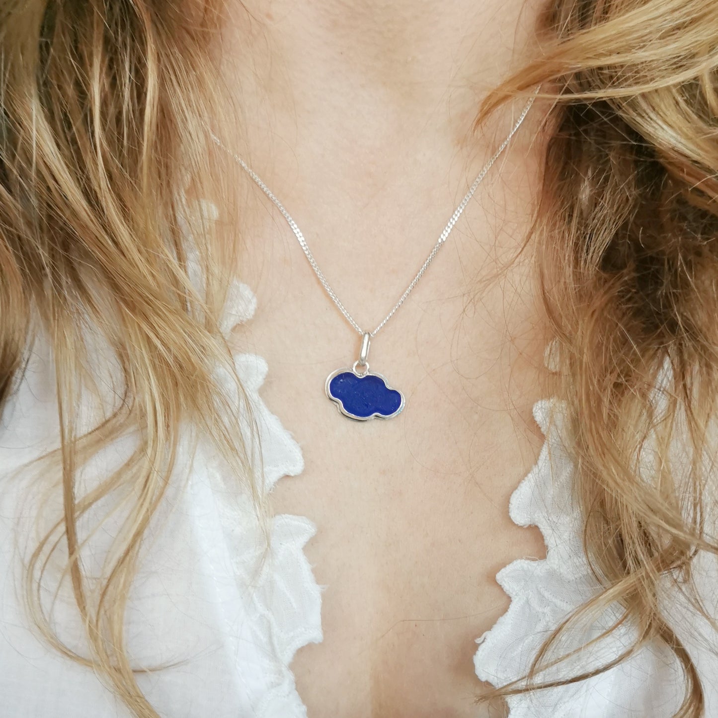 Scottish blue sea glass cloud & sterling silver pendant.