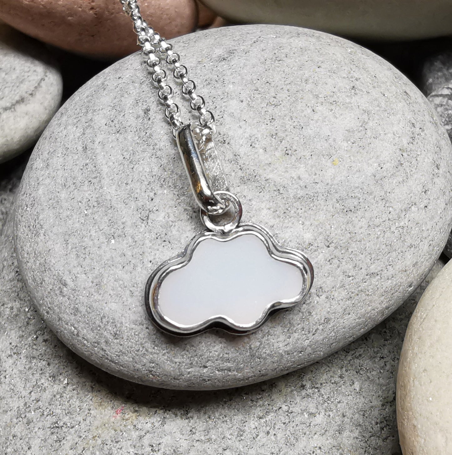 Scottish white sea glass cloud & sterling silver pendant.