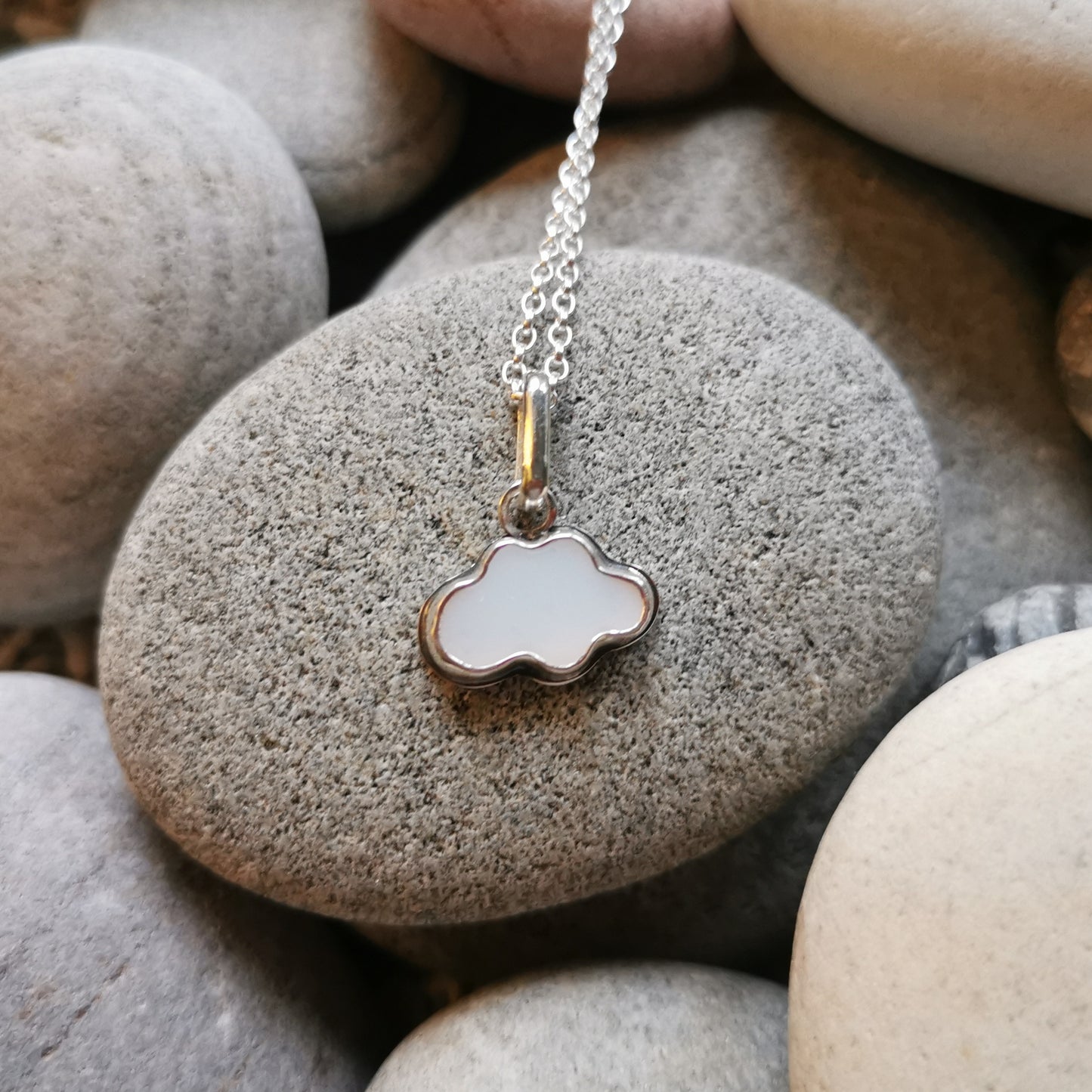 Scottish white sea glass cloud & sterling silver pendant.