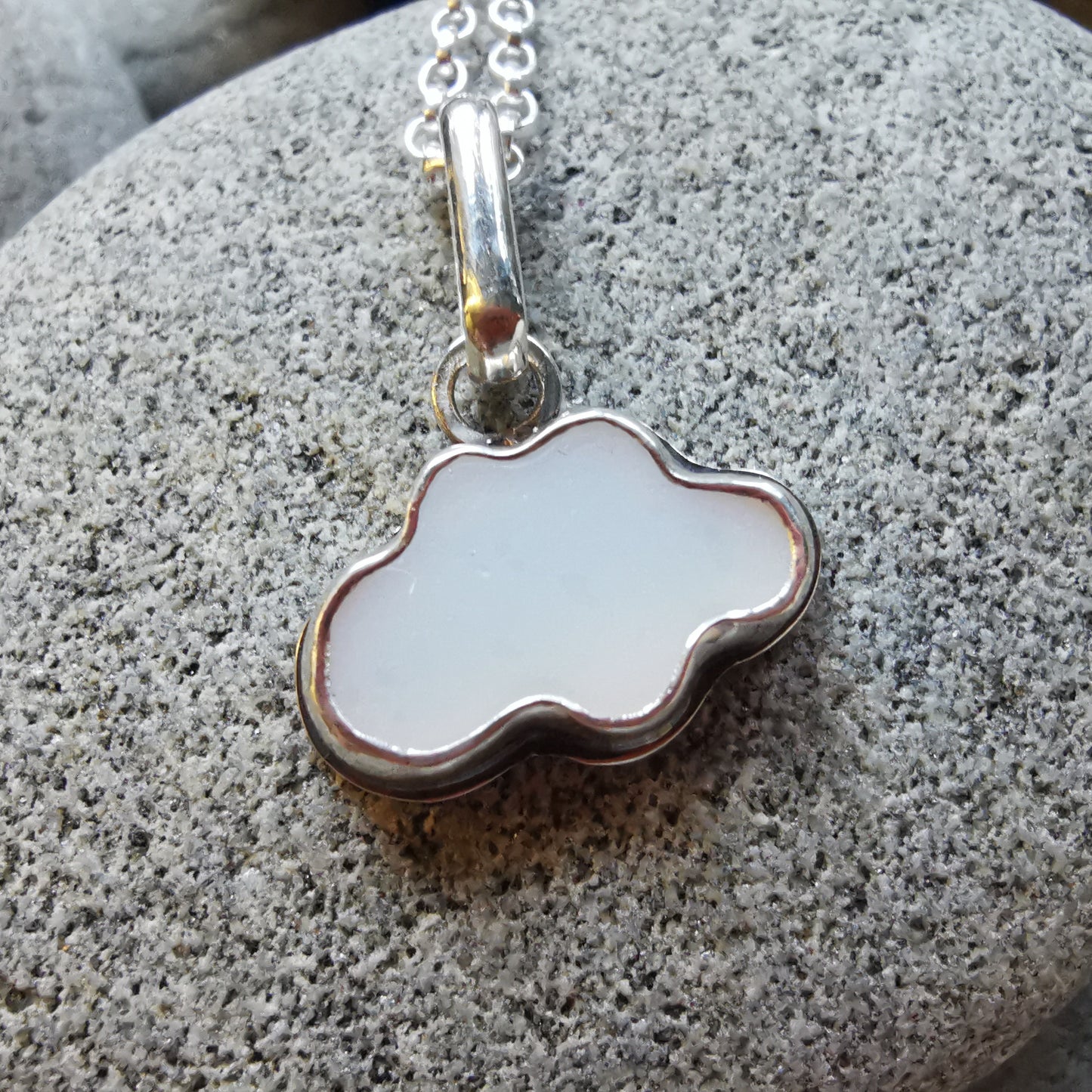 Scottish white sea glass cloud & sterling silver pendant.
