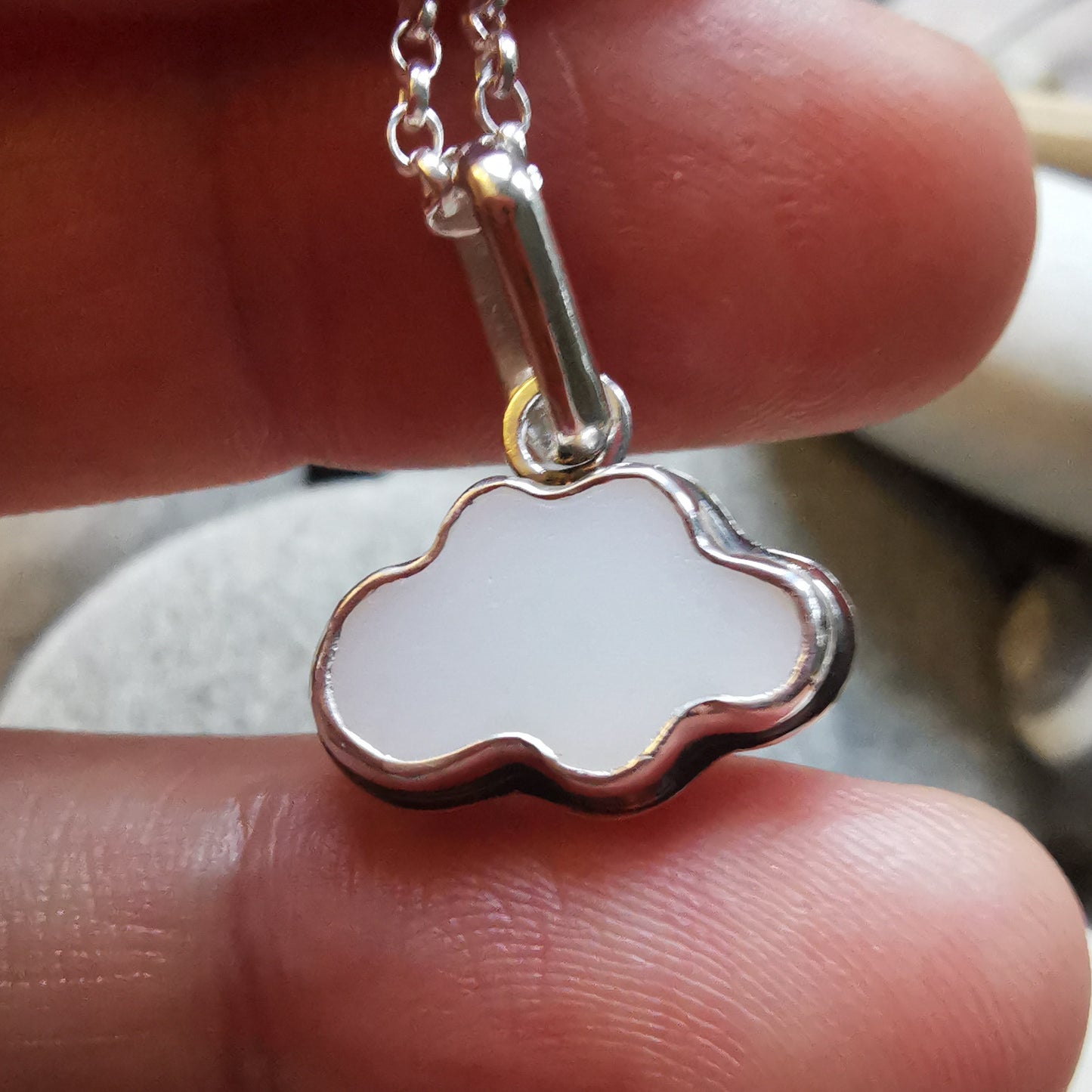 Scottish white sea glass cloud & sterling silver pendant.