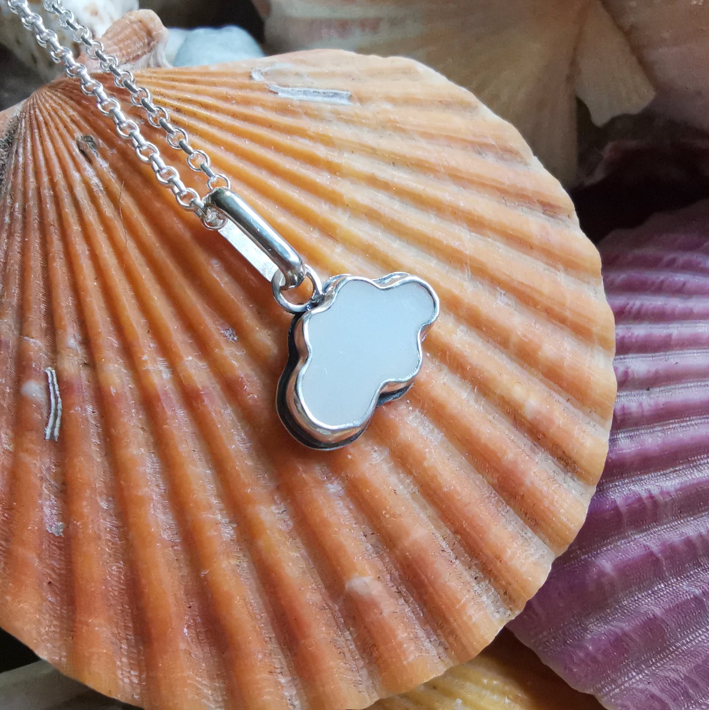 Scottish white sea glass cloud & sterling silver pendant.