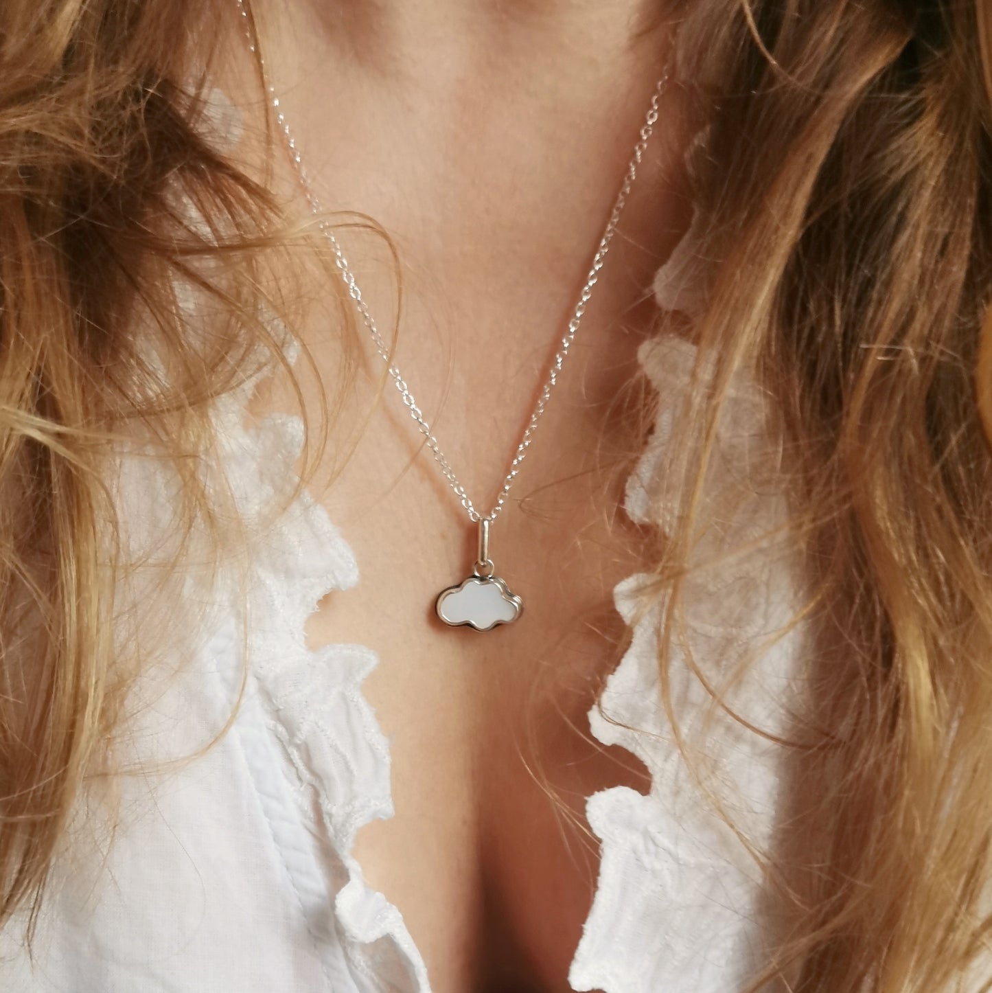Scottish white sea glass cloud & sterling silver pendant.