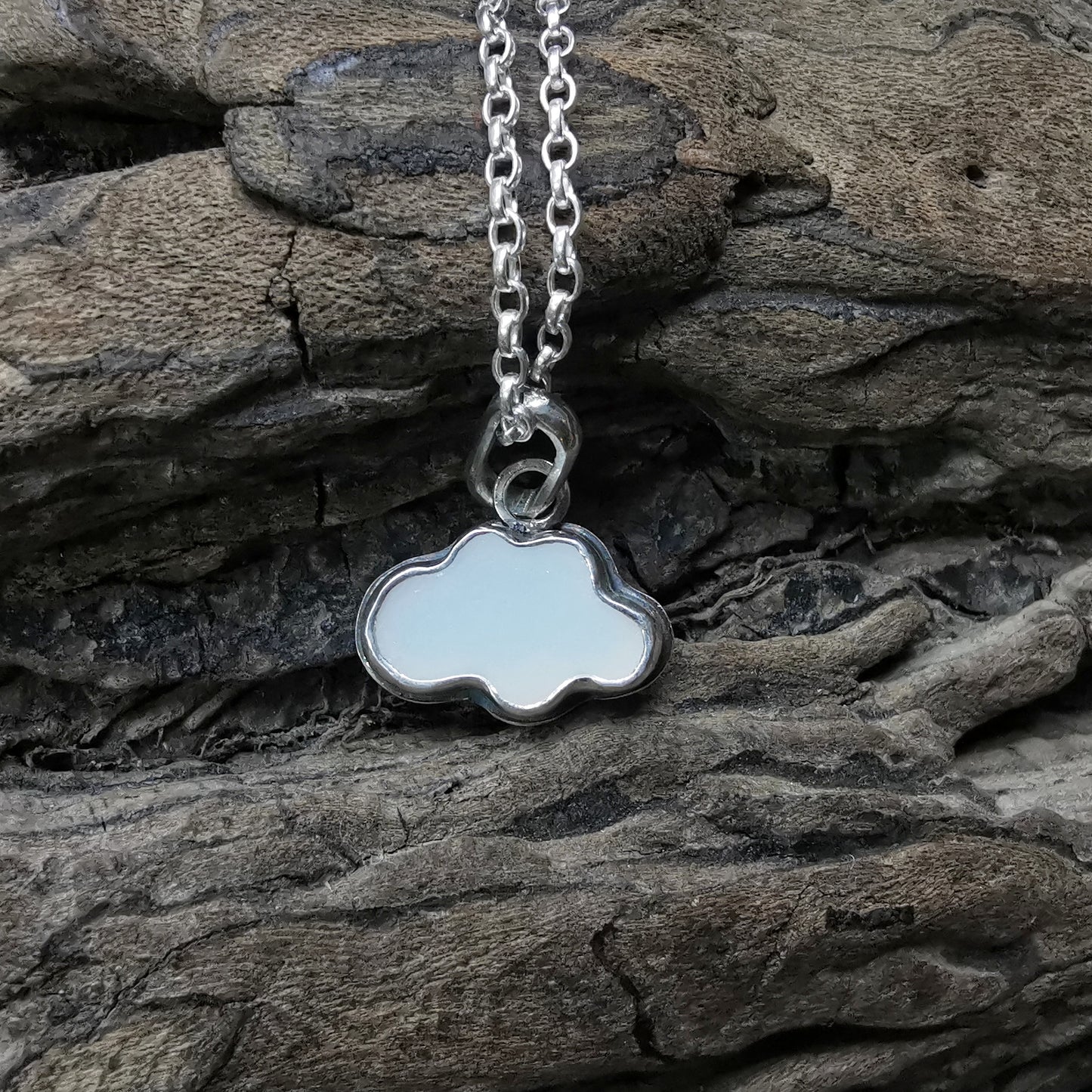 Scottish white sea glass cloud & sterling silver pendant.