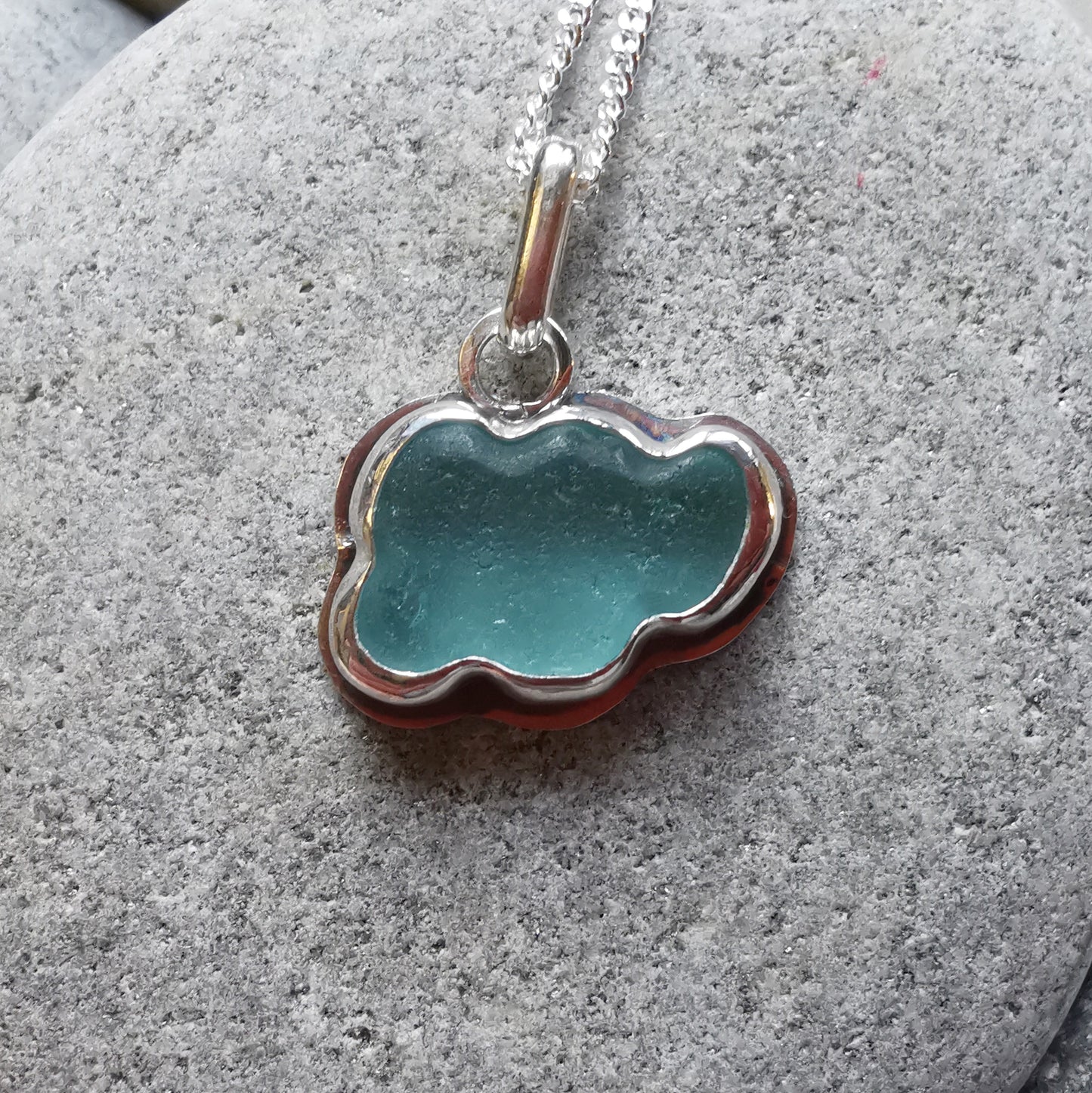 Reserved for Elizabeth. Scottish blue sea glass cloud & sterling silver pendant.