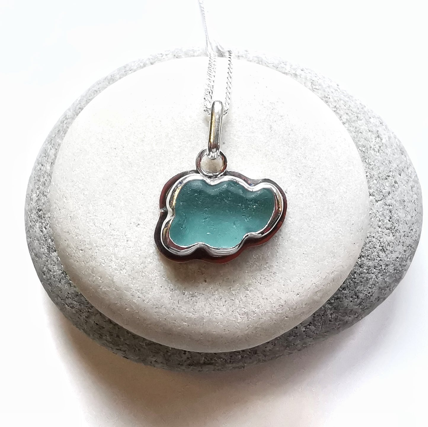 Reserved for Elizabeth. Scottish blue sea glass cloud & sterling silver pendant.