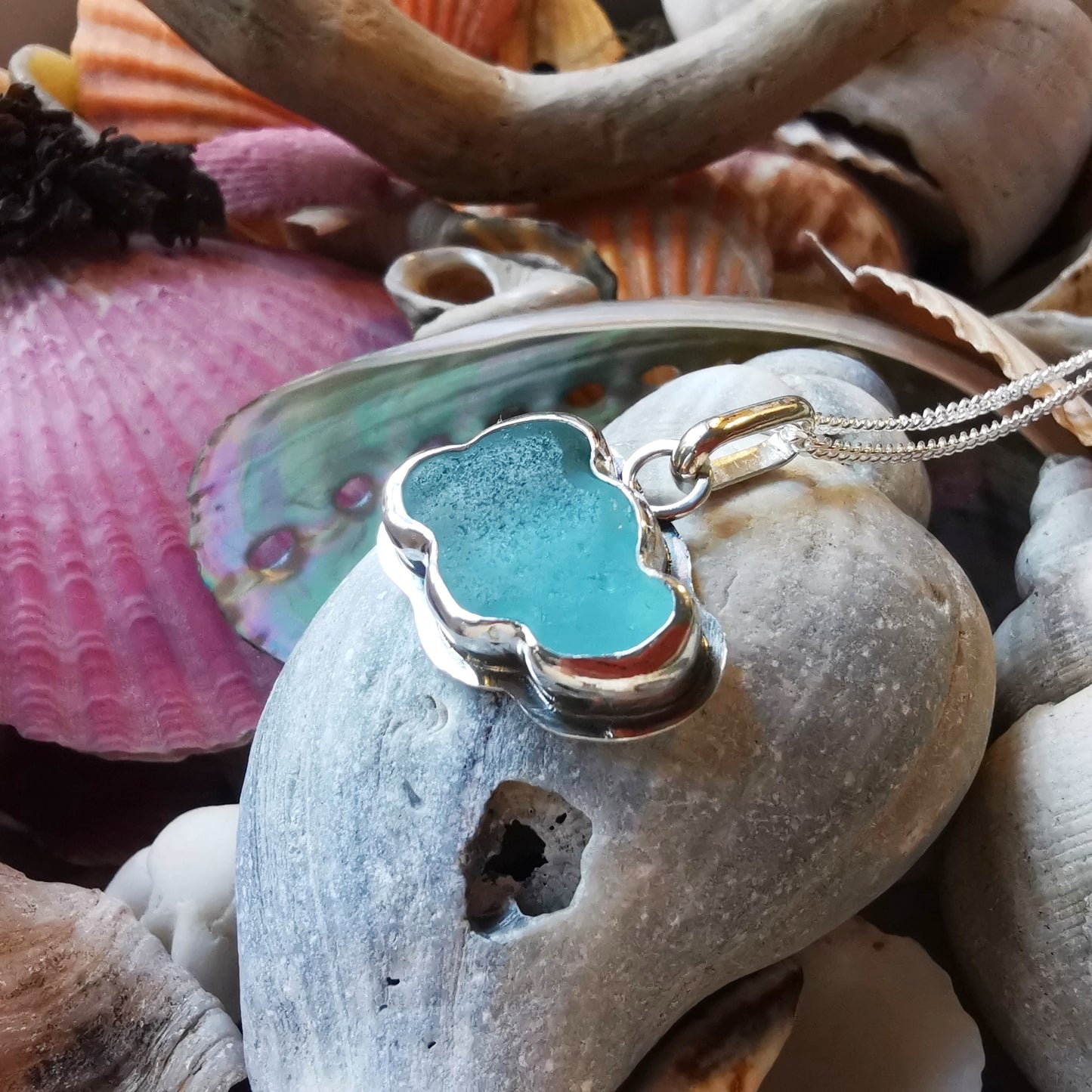 Reserved for Elizabeth. Scottish blue sea glass cloud & sterling silver pendant.