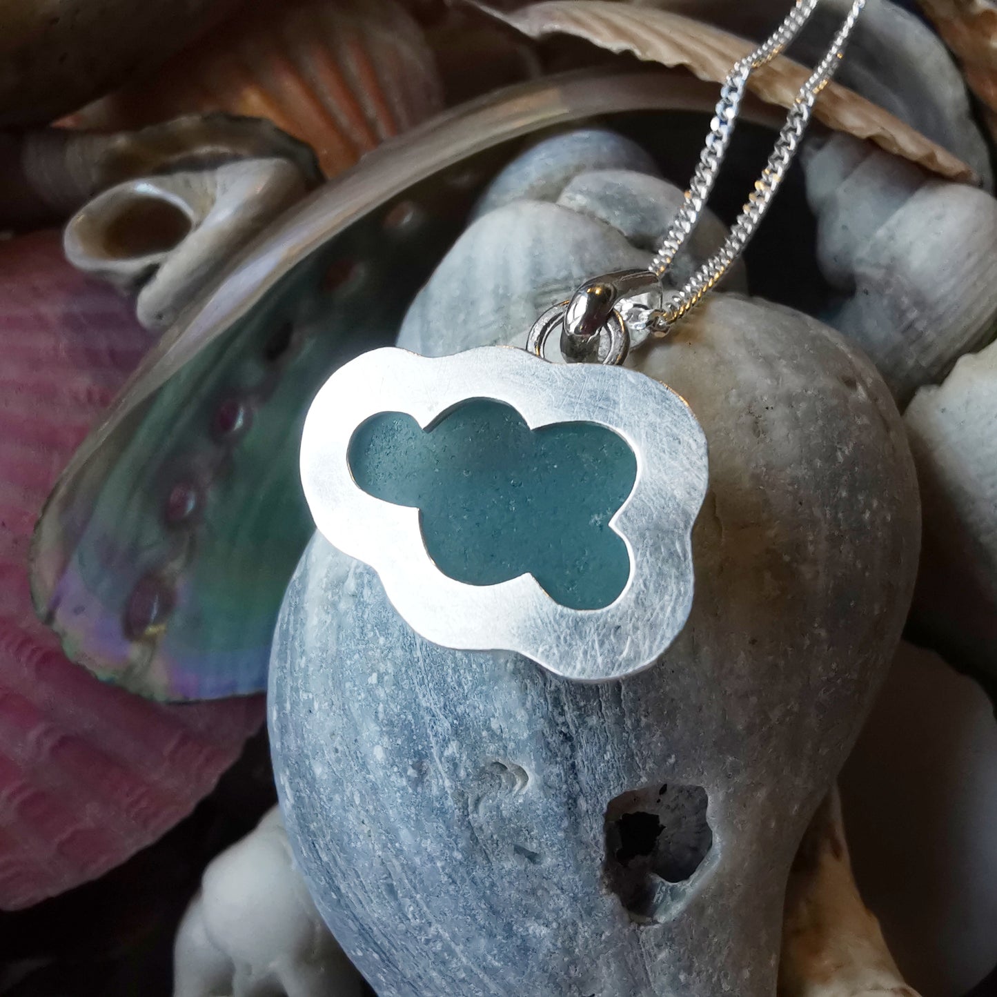 Reserved for Elizabeth. Scottish blue sea glass cloud & sterling silver pendant.