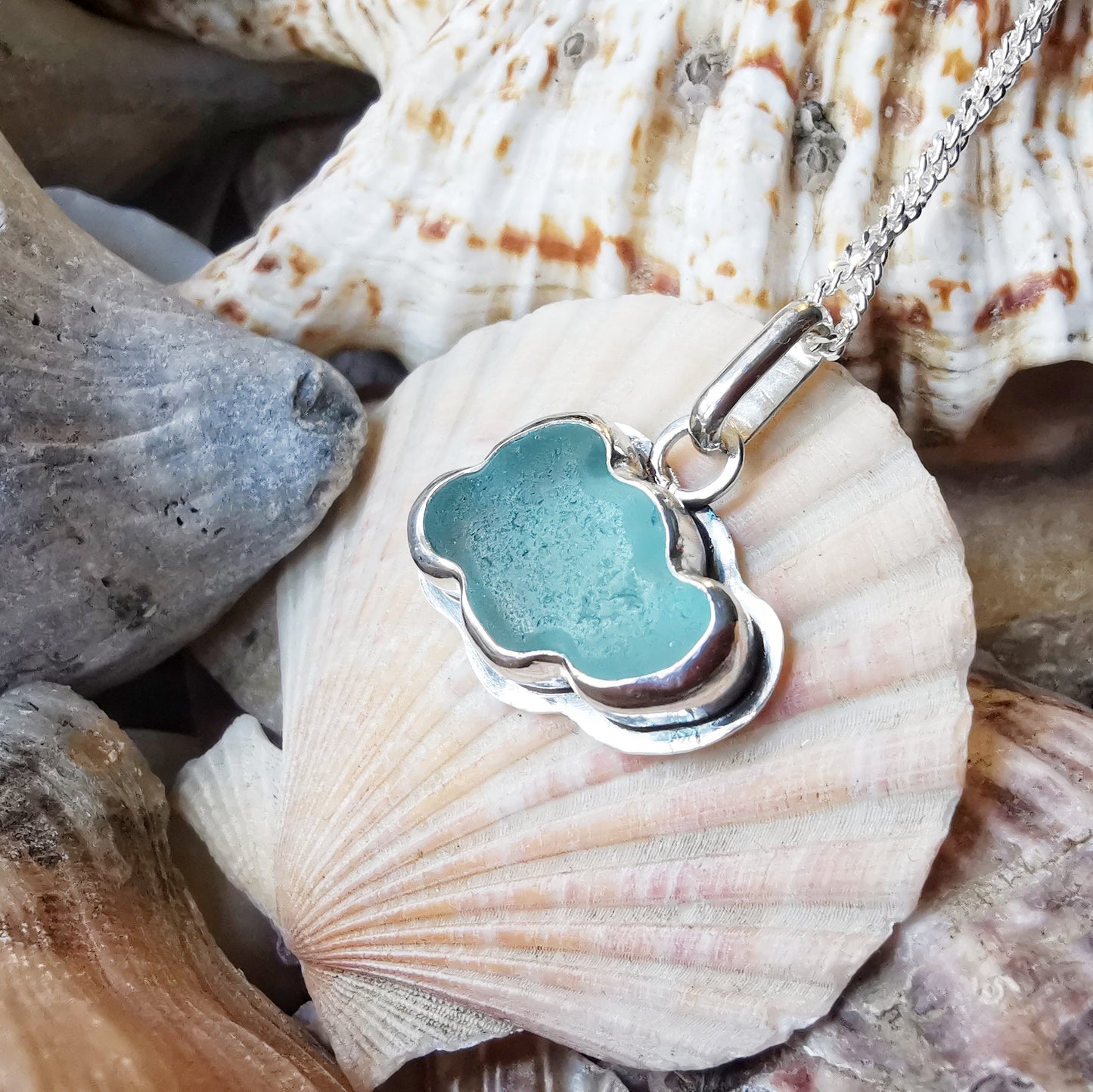 Reserved for Elizabeth. Scottish blue sea glass cloud & sterling silver pendant.