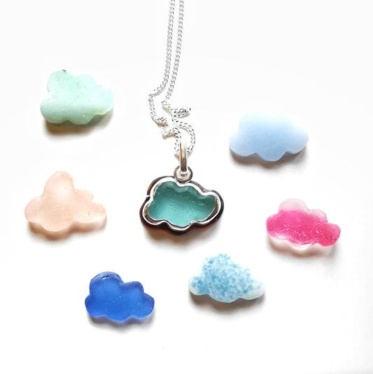 Reserved for Elizabeth. Scottish blue sea glass cloud & sterling silver pendant.