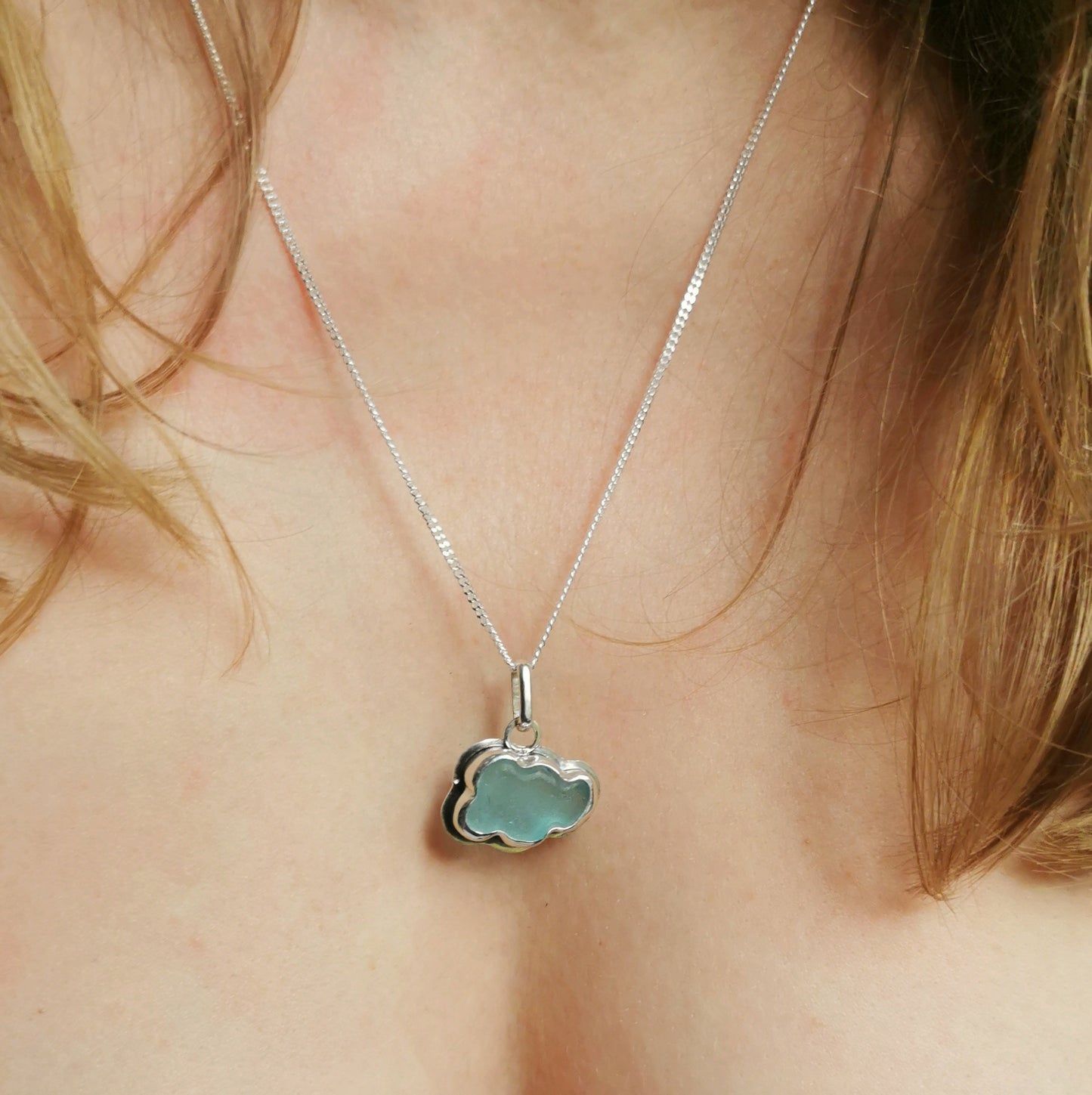 Reserved for Elizabeth. Scottish blue sea glass cloud & sterling silver pendant.