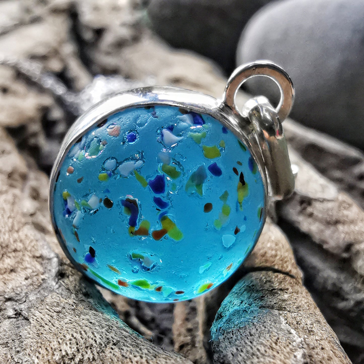 Aquamarine rainbow confetti sea glass marble & sterling silver pendant.