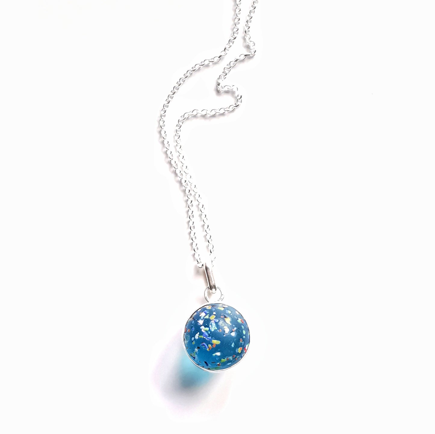 Aquamarine rainbow confetti sea glass marble & sterling silver pendant.