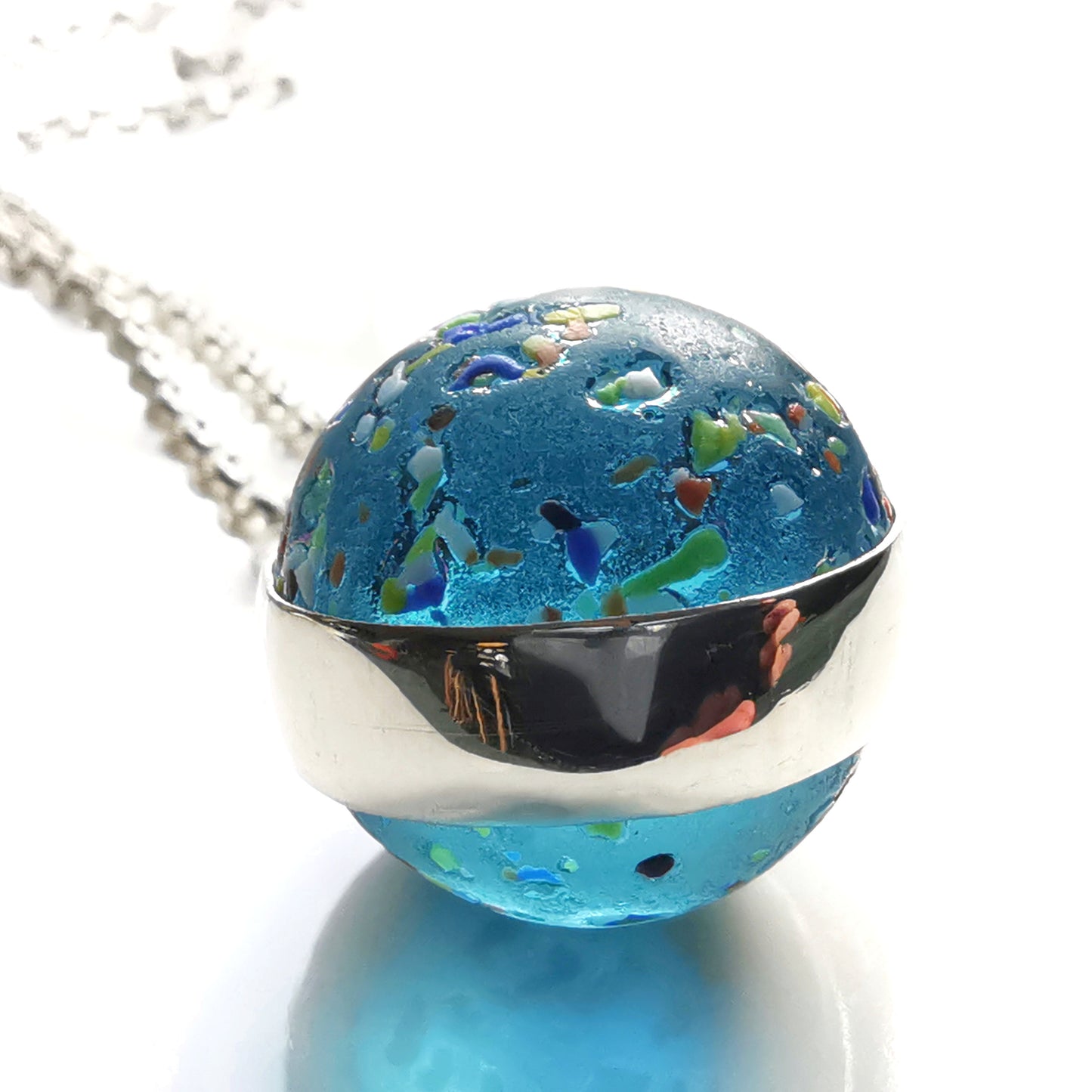 Aquamarine rainbow confetti sea glass marble & sterling silver pendant.